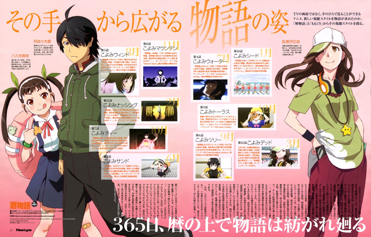 araragi_koyomi, bakemonogatari, gaen_izuko, hachikuji_mayoi, headphones, monogatari_(series), seifuku, shiotsuki_kazuya
