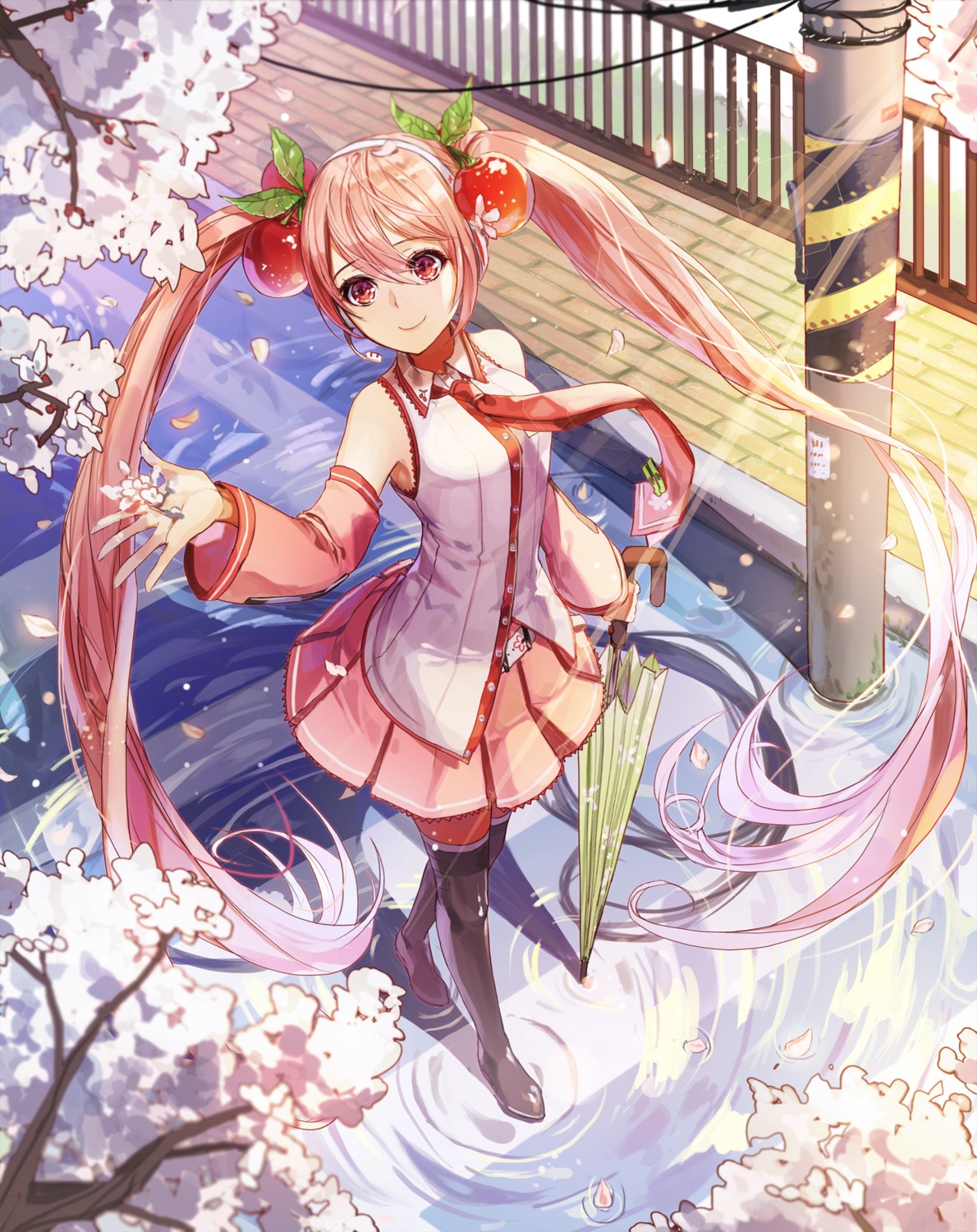 hatsune_miku, headphones, limobok, sakura_miku, thighhighs, umbrella, vocaloid