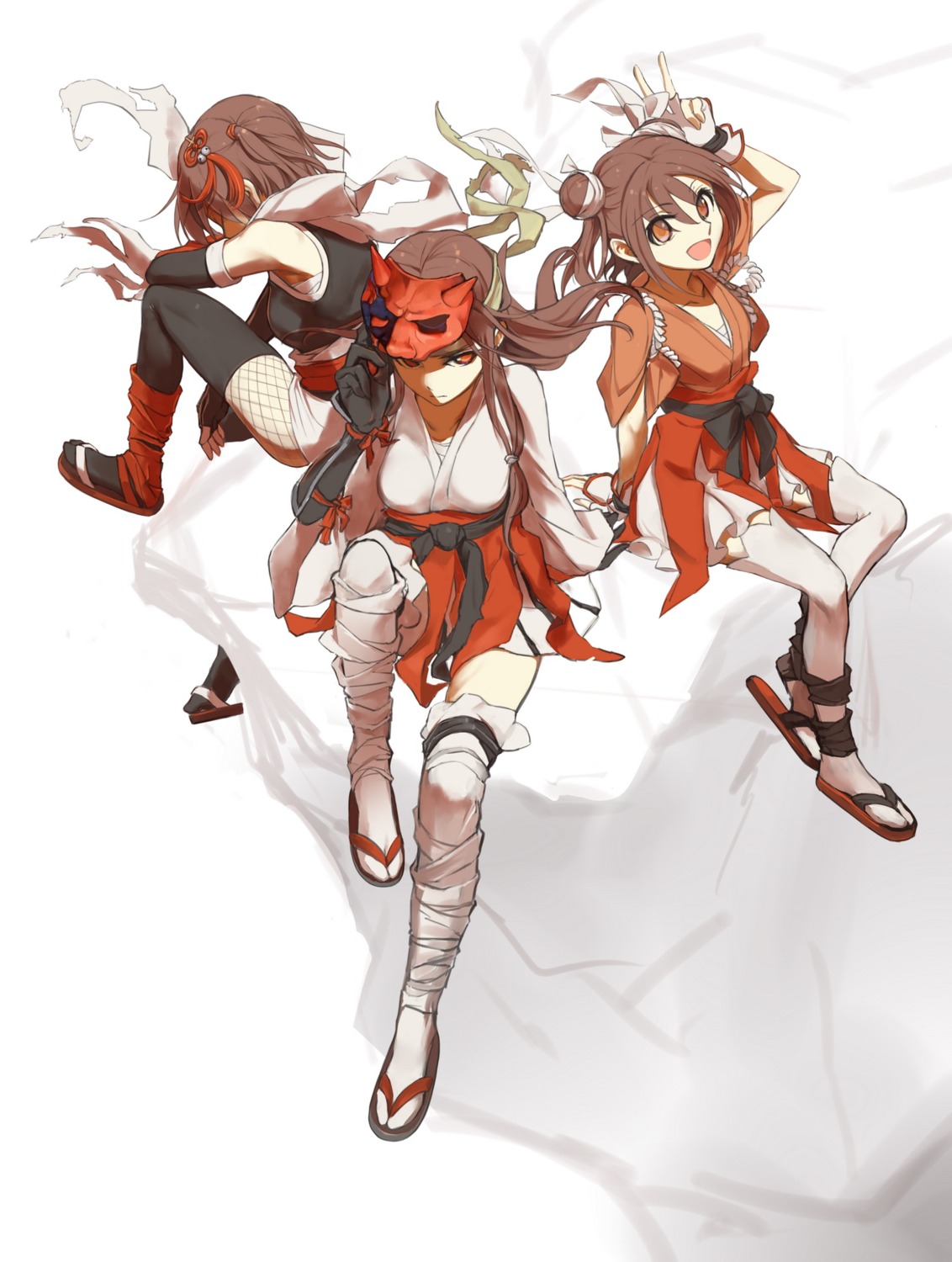 fishnets, jintsuu_(kancolle), kantai_collection, kisetsu, miko, naka_(kancolle), sarashi, sendai_(kancolle)