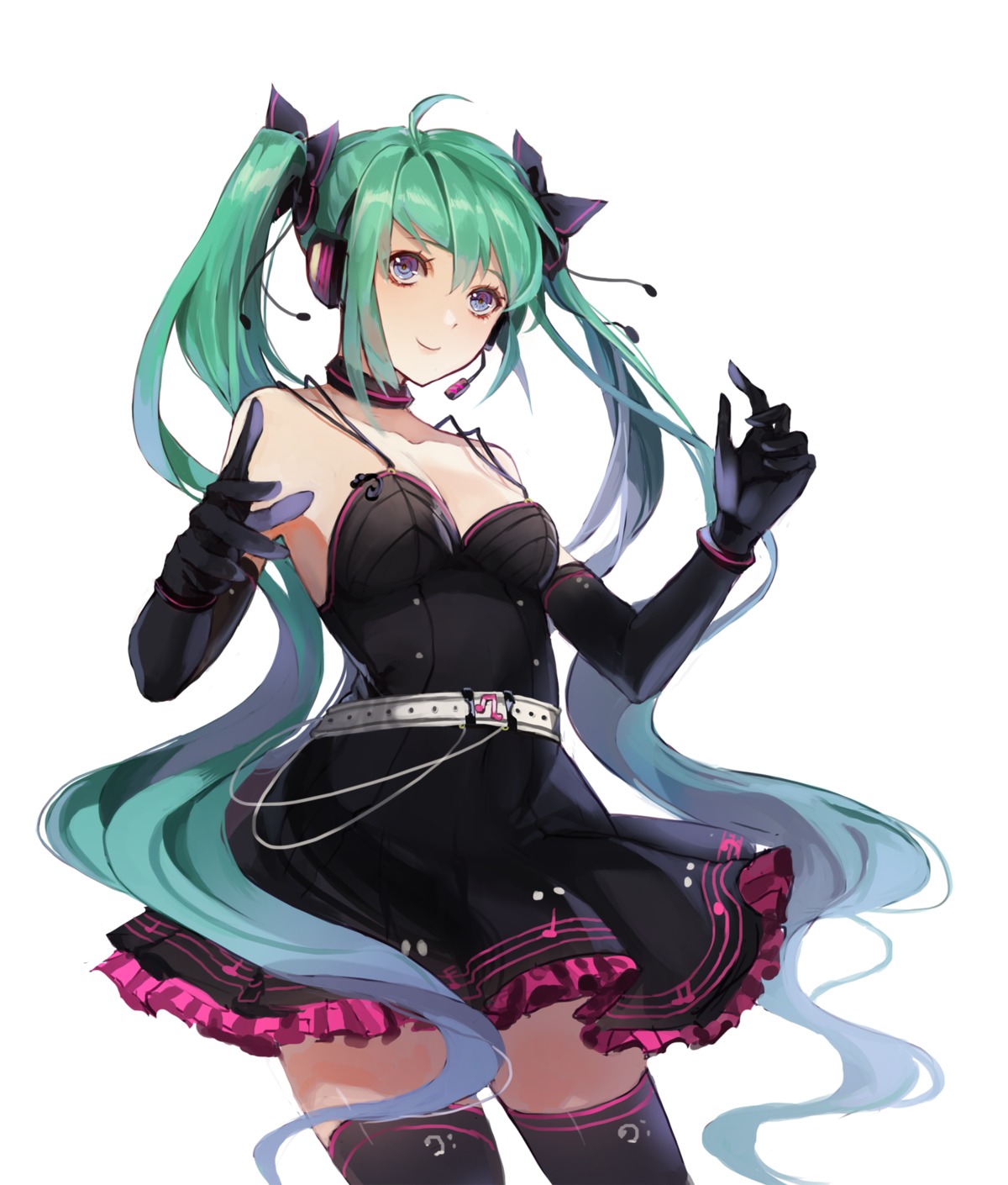 cleavage, dress, hatsune_miku, headphones, limobok, no_bra, thighhighs, vocaloid