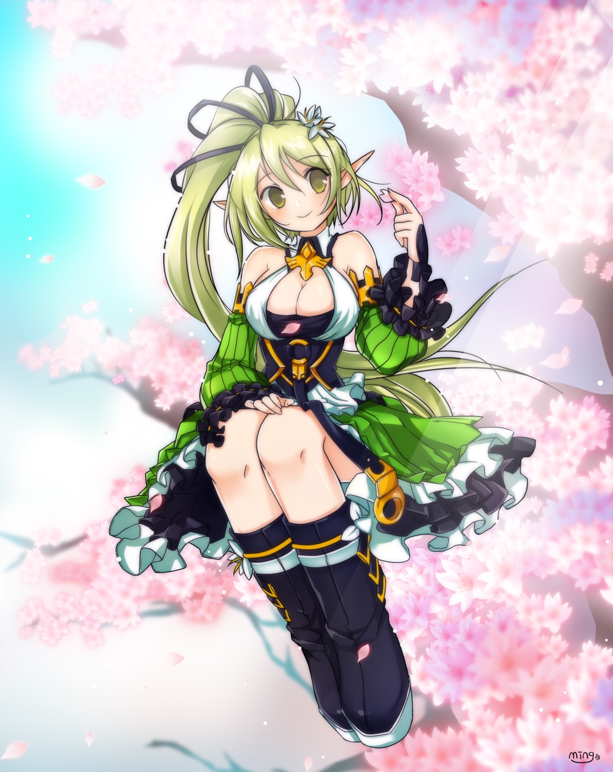 autographed, cleavage, dress, elsword, ming_(wldi0132), pointy_ears, rena_(elsword)