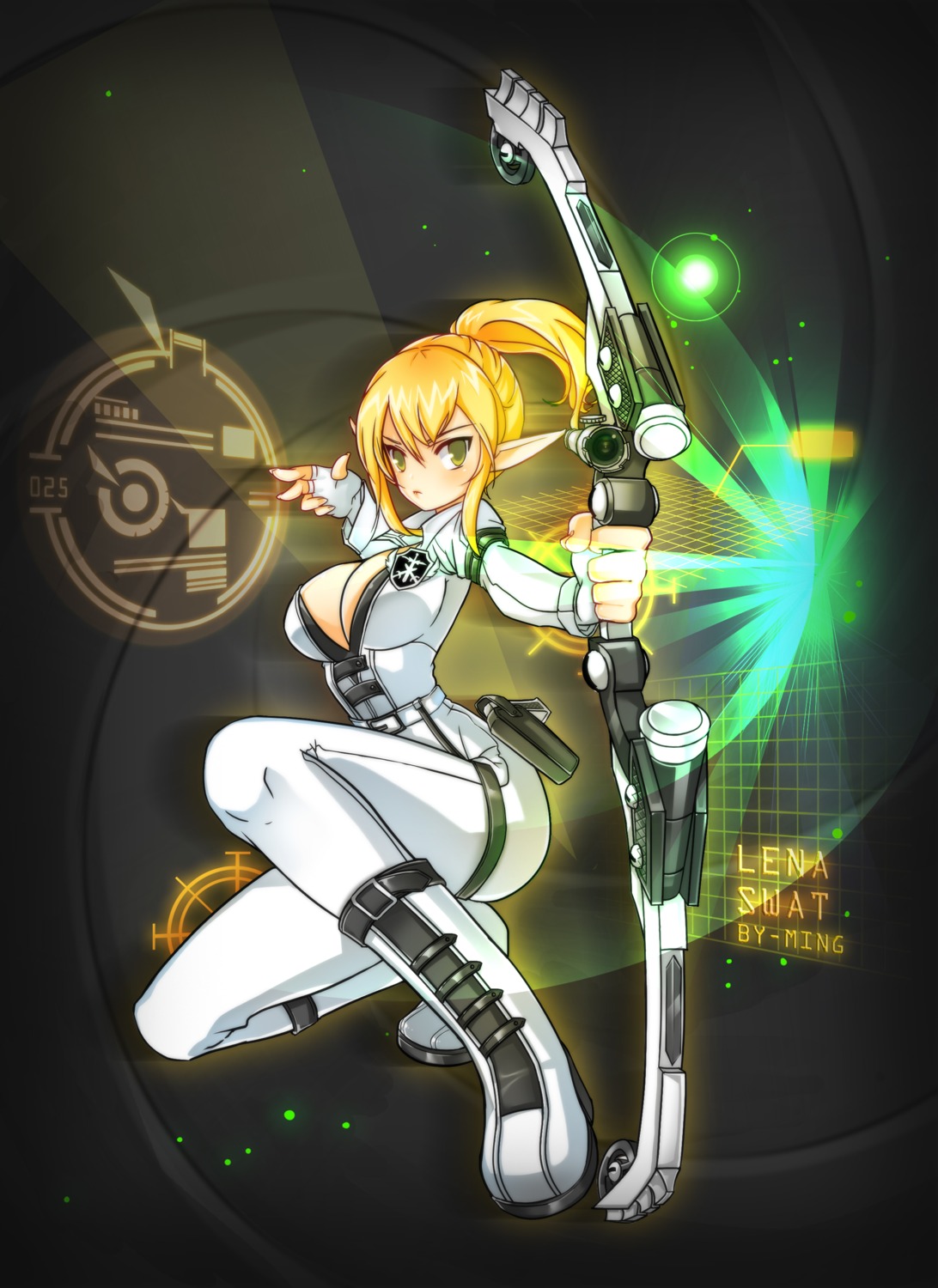 bodysuit, cleavage, elsword, ming_(wldi0132), no_bra, open_shirt, pointy_ears, rena_(elsword)
