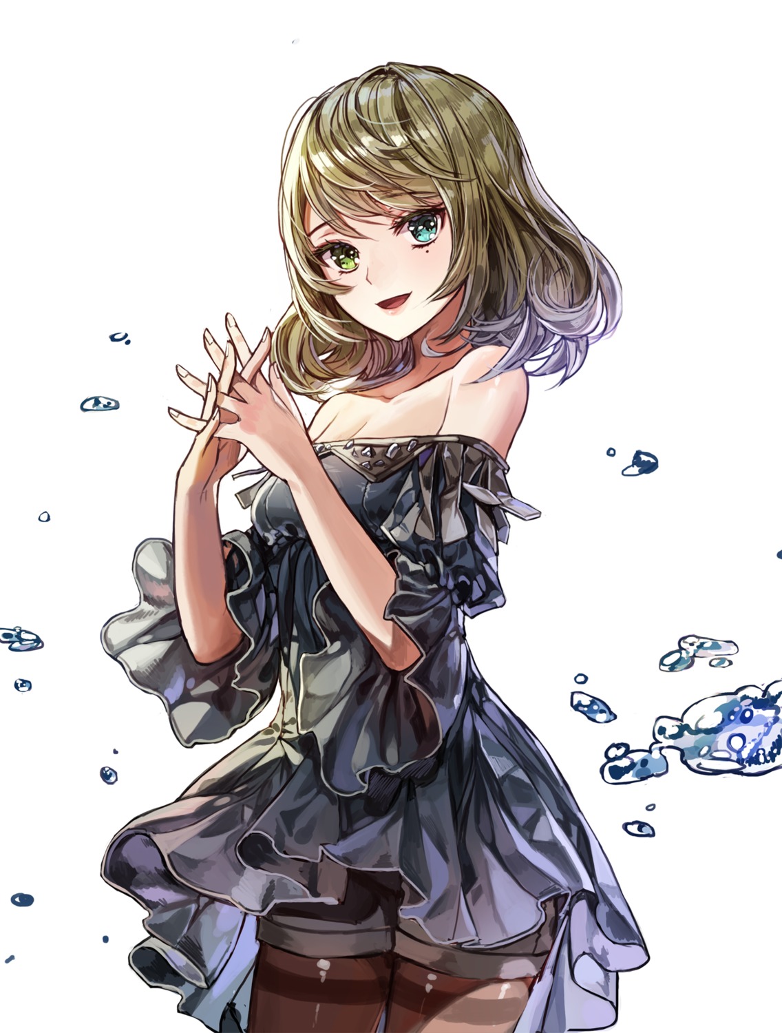 cleavage, dress, heterochromia, limobok, pantyhose, takagaki_kaede, the_idolm@ster, the_idolm@ster_cinderella_girls