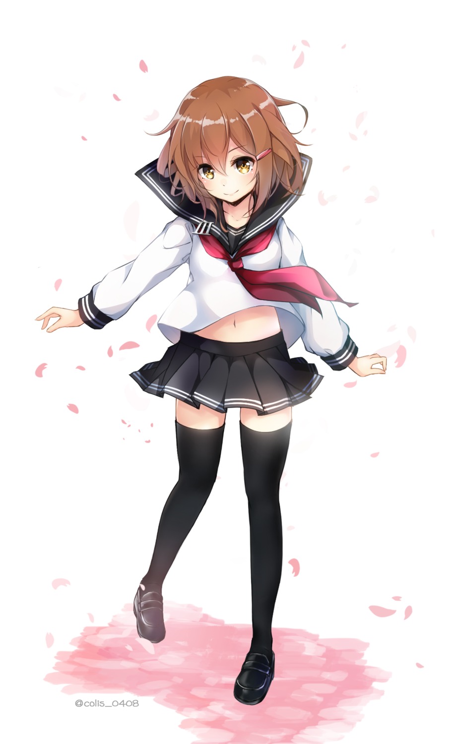 colis, ikazuchi_(kancolle), kantai_collection, official_watermark, seifuku, thighhighs