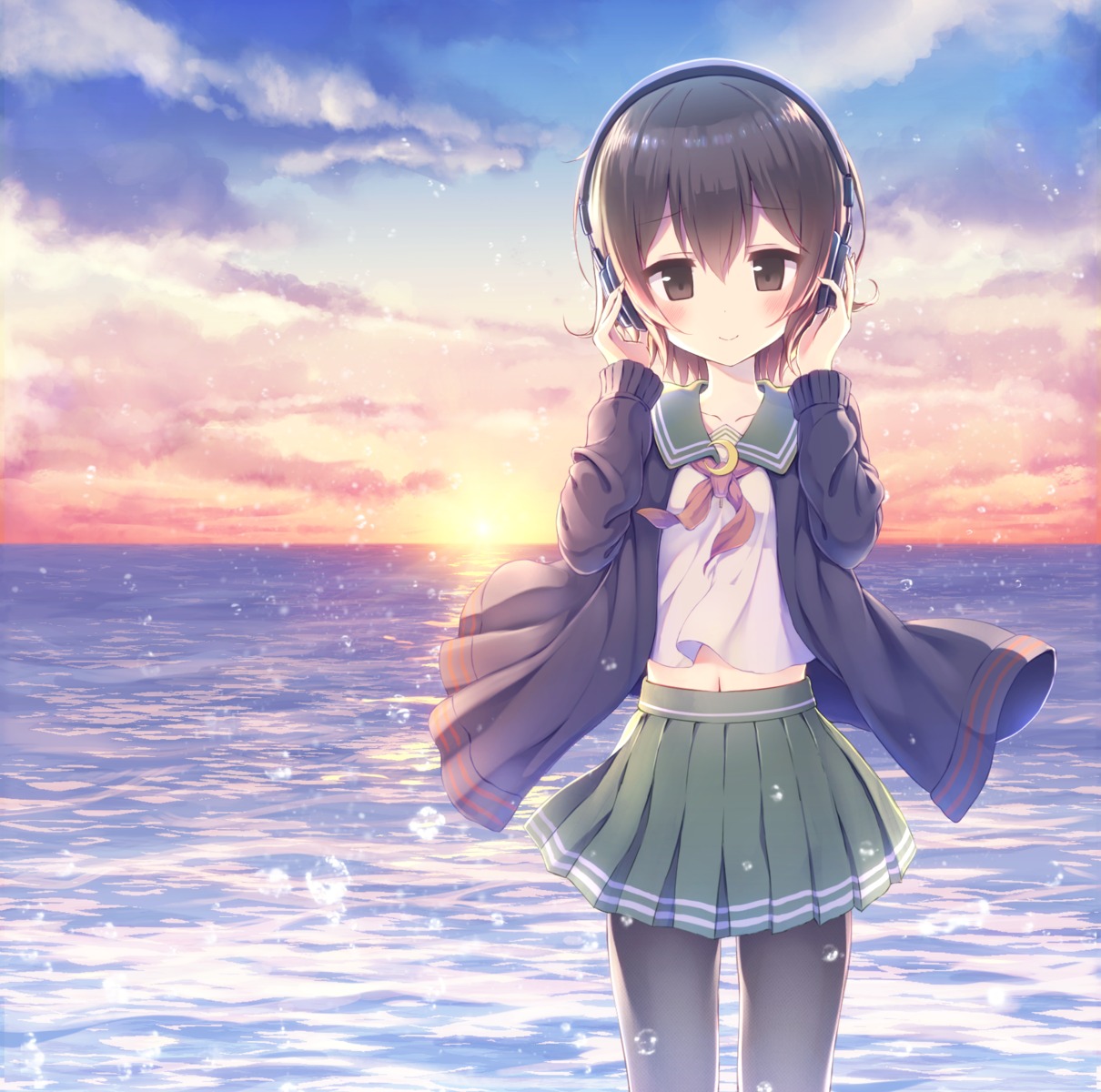 alc, headphones, kantai_collection, mutsuki_(kancolle), pantyhose, seifuku