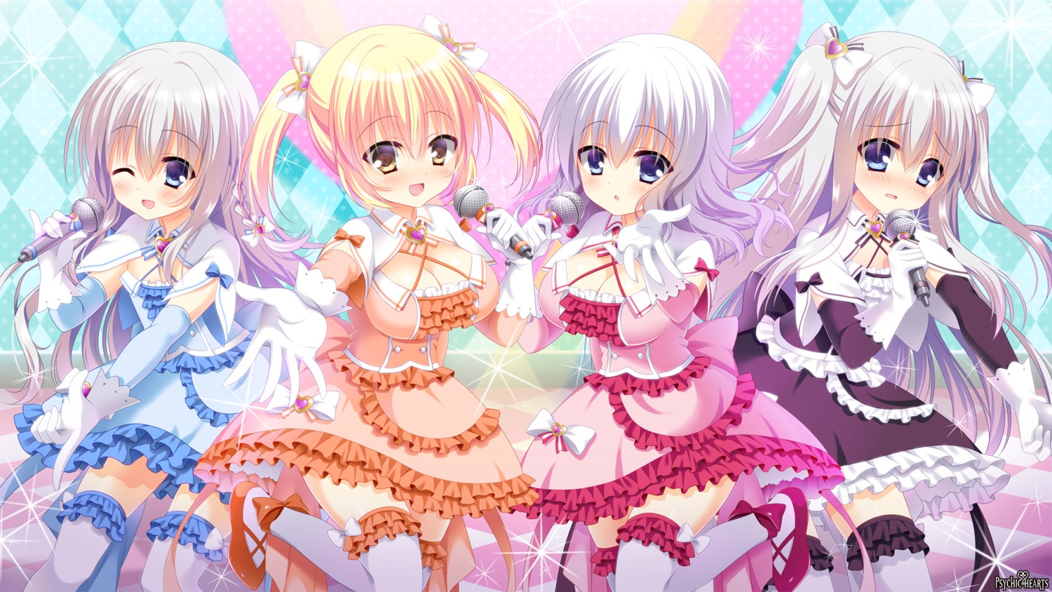amahara_kyouka, cleavage, dress, psychic_hearts, shiki_saika, shirausu_sanae, sumeragi_reona, thighhighs