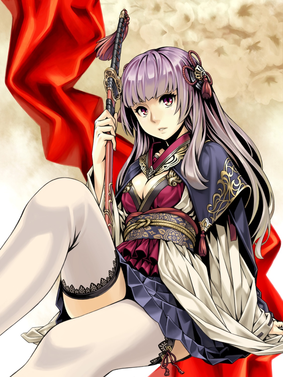 cleavage, japanese_clothes, kame_(pixiv), sword, thighhighs