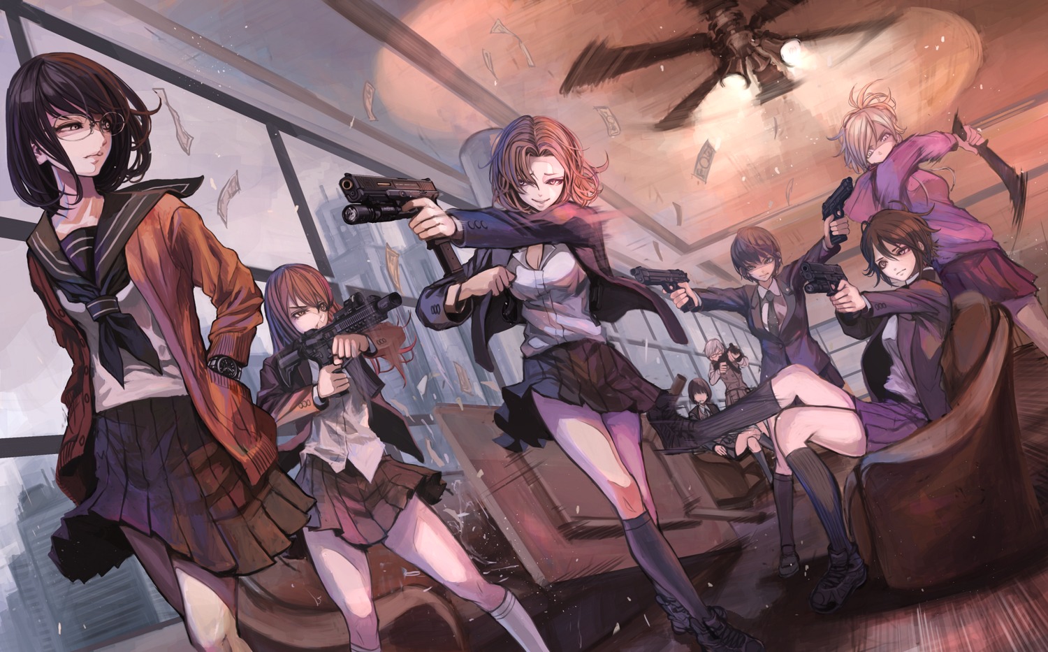 cleavage, gun, megane, seifuku, sweater, sword, terabyte_(rook777)