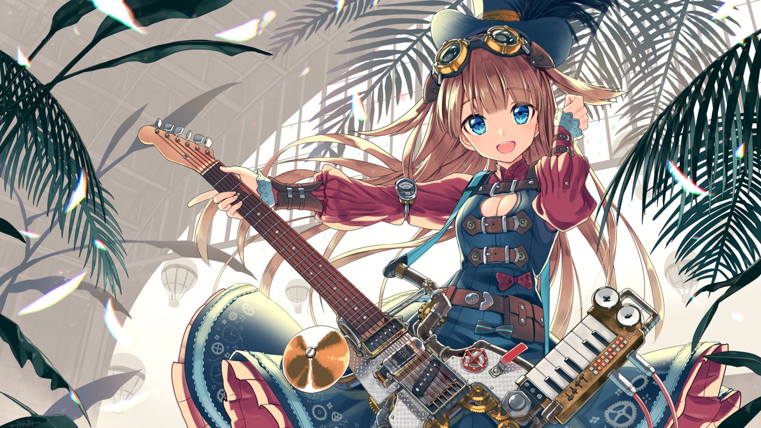 cleavage, dress, guitar, kurobuta_gekkan, wallpaper