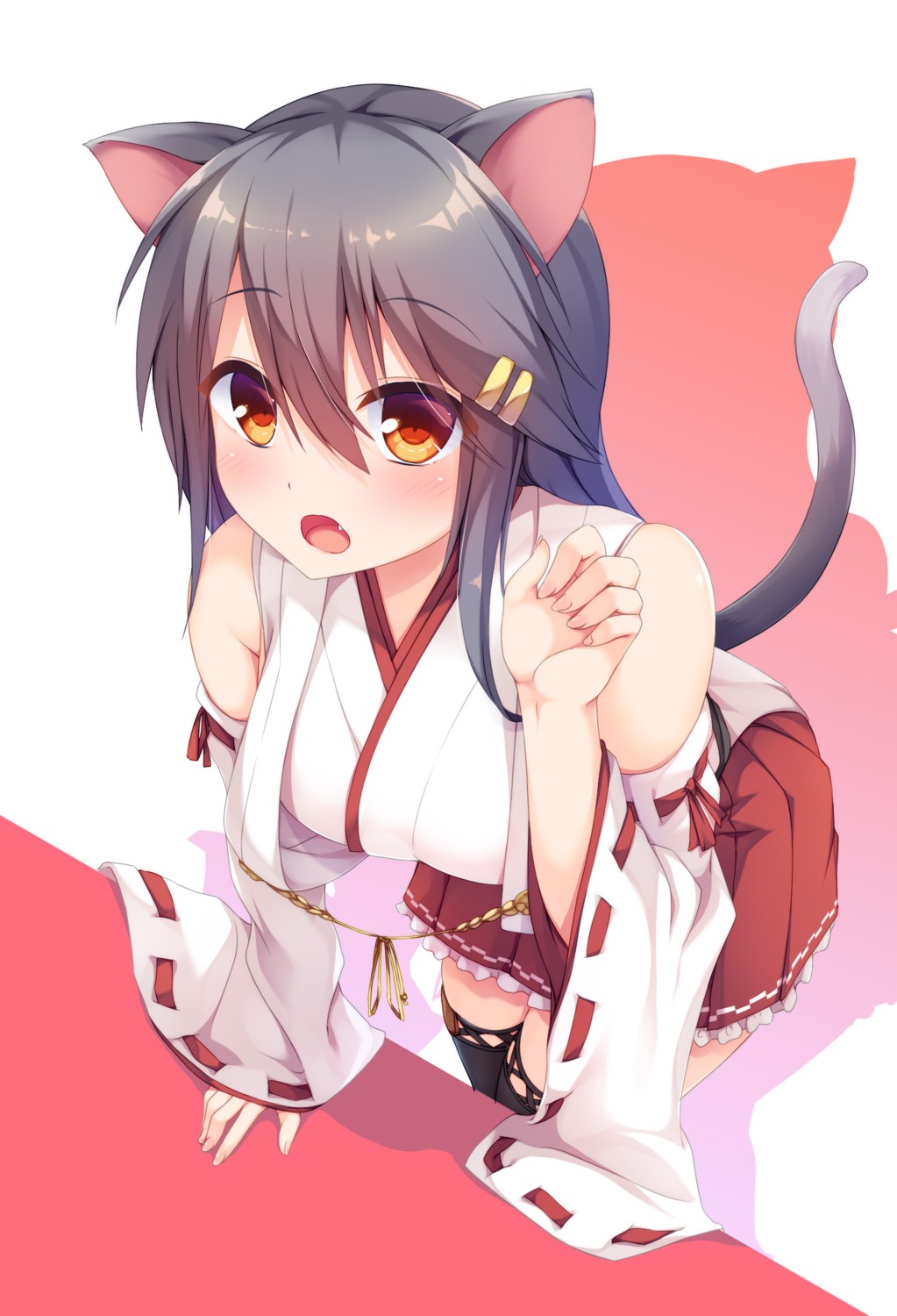 animal_ears, haruna_(kancolle), kantai_collection, nekomimi, tail, thighhighs, yuumaru_(you-mya)