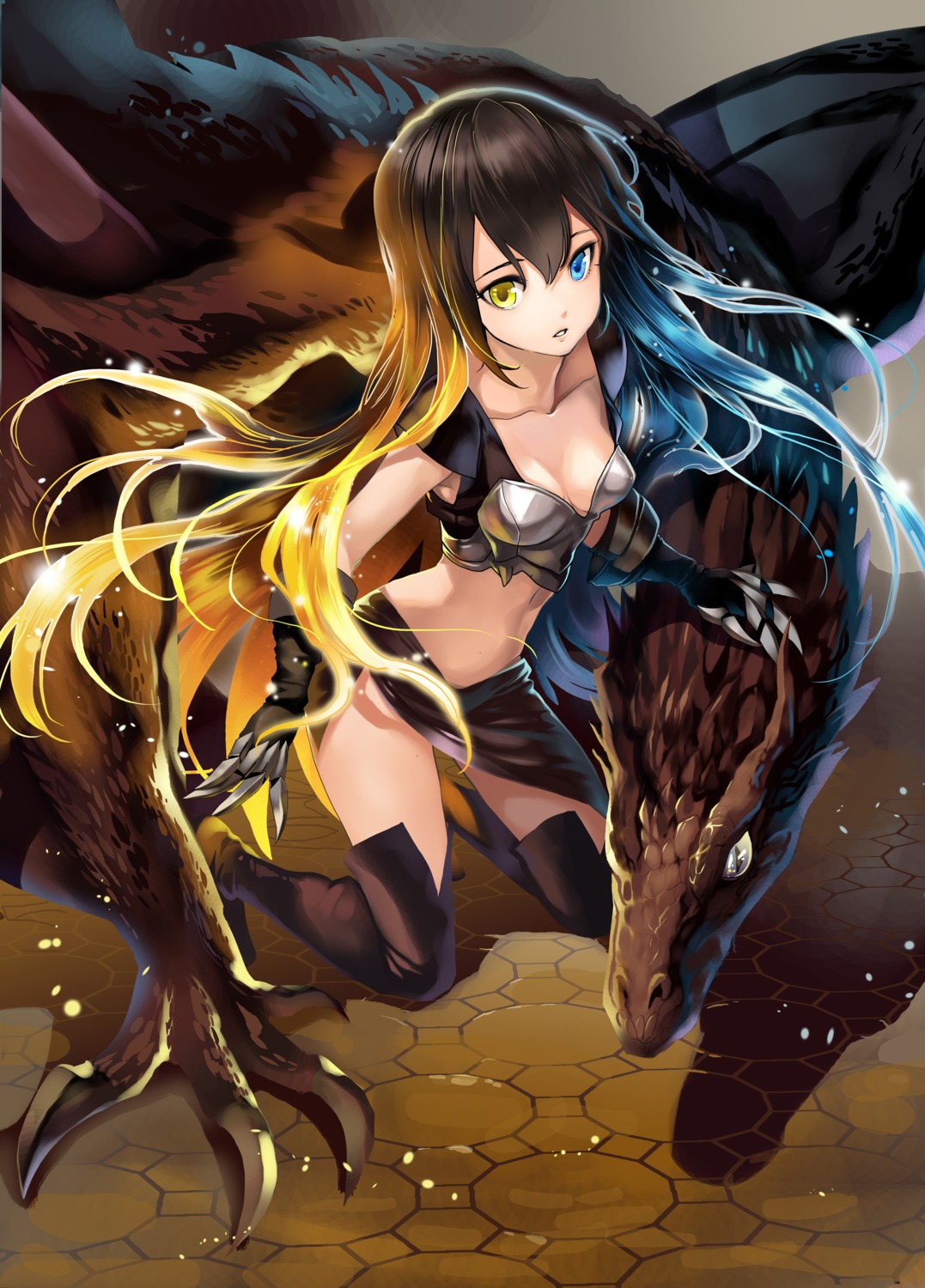 armor, chushengdao, cleavage, heterochromia, thighhighs
