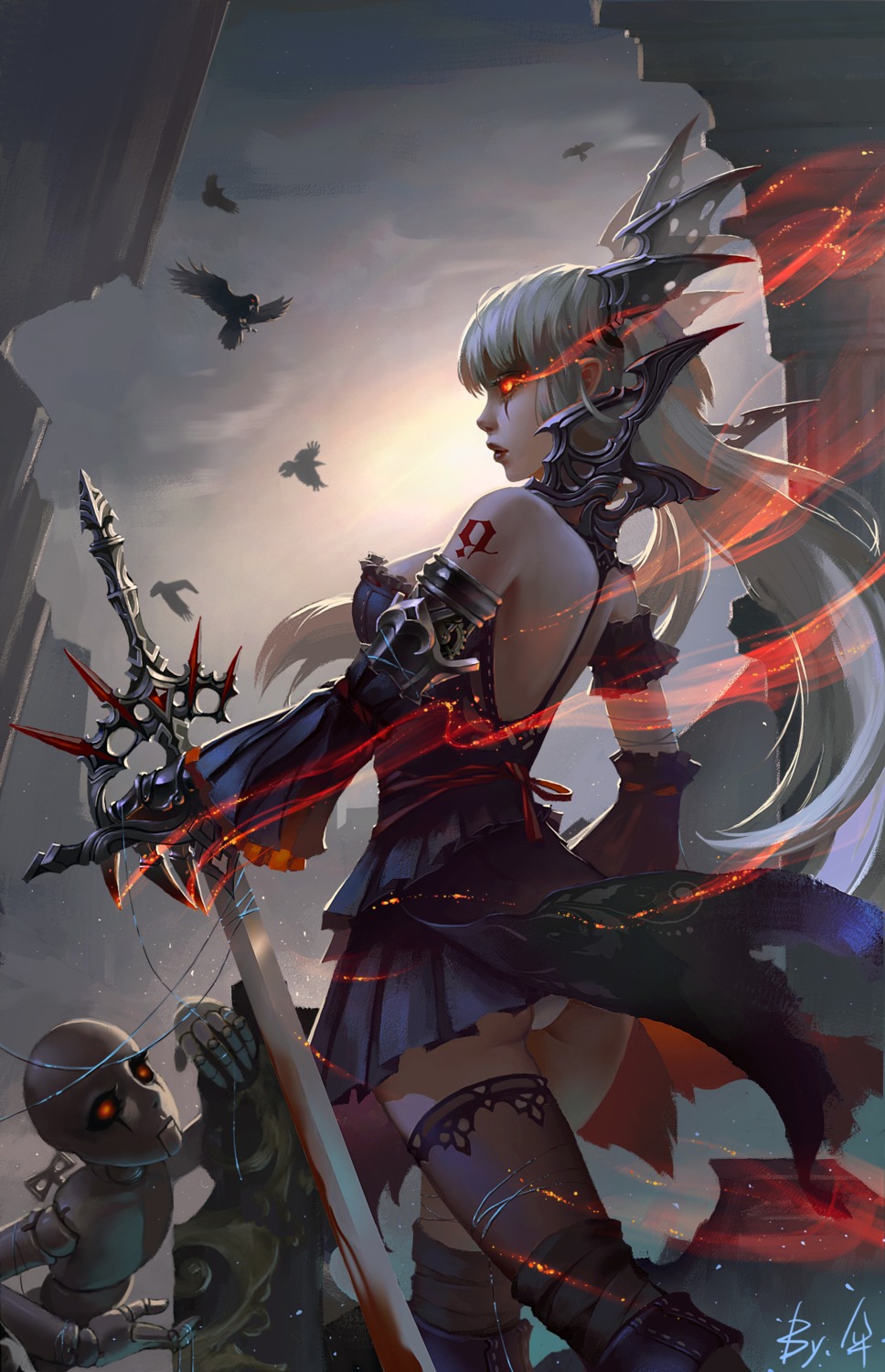 armor, ass, dress, kusi_de_san_gu, no_bra, pantsu, sword, tattoo, thighhighs