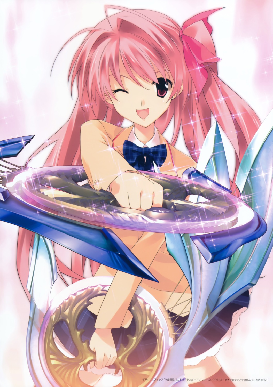 chaos;head, sakihata_rimi, sasaki_mutsumi, seifuku, thighhighs, weapon