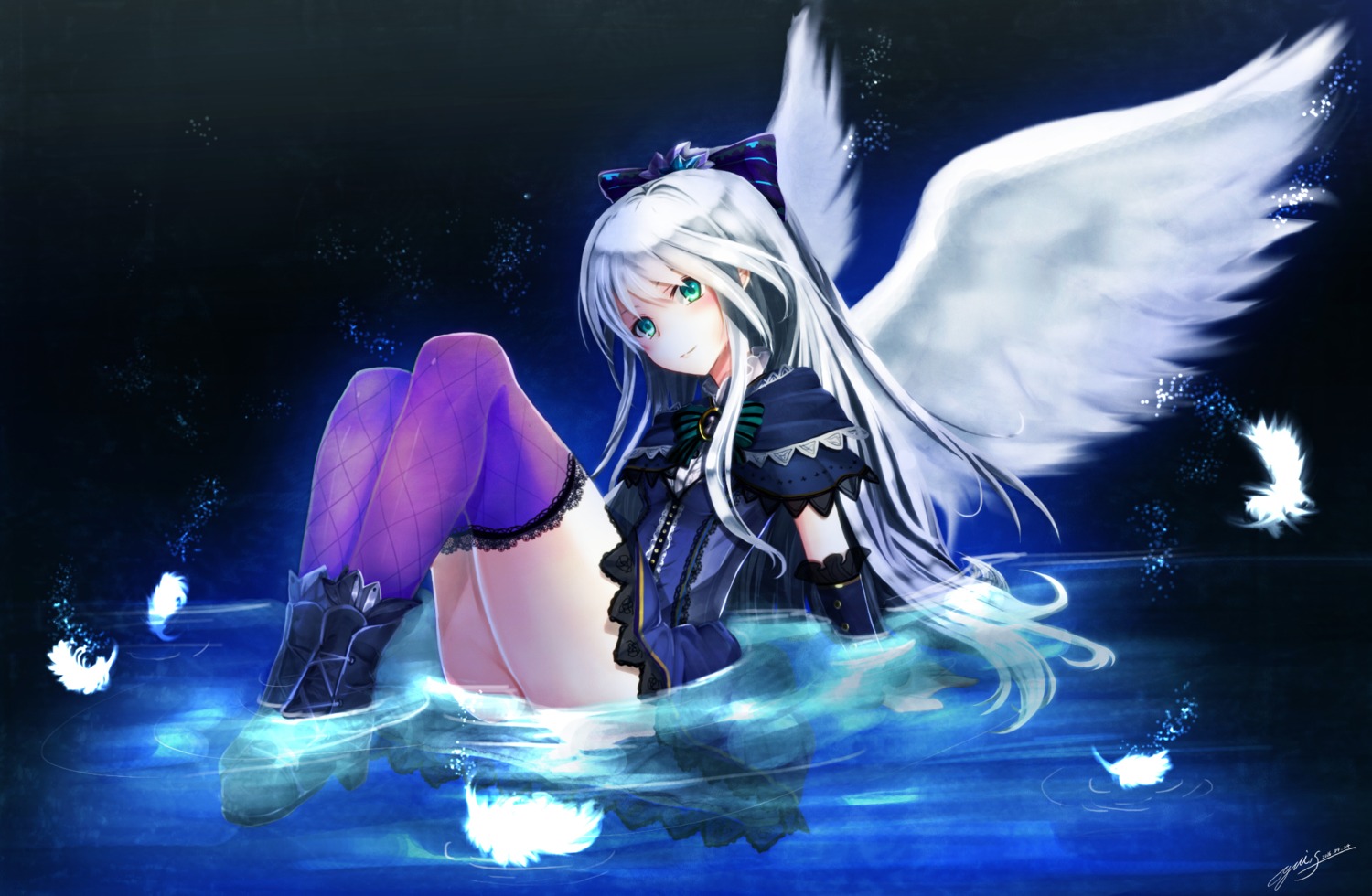 dress, heels, thighhighs, wet, wings, yuitsuki1206