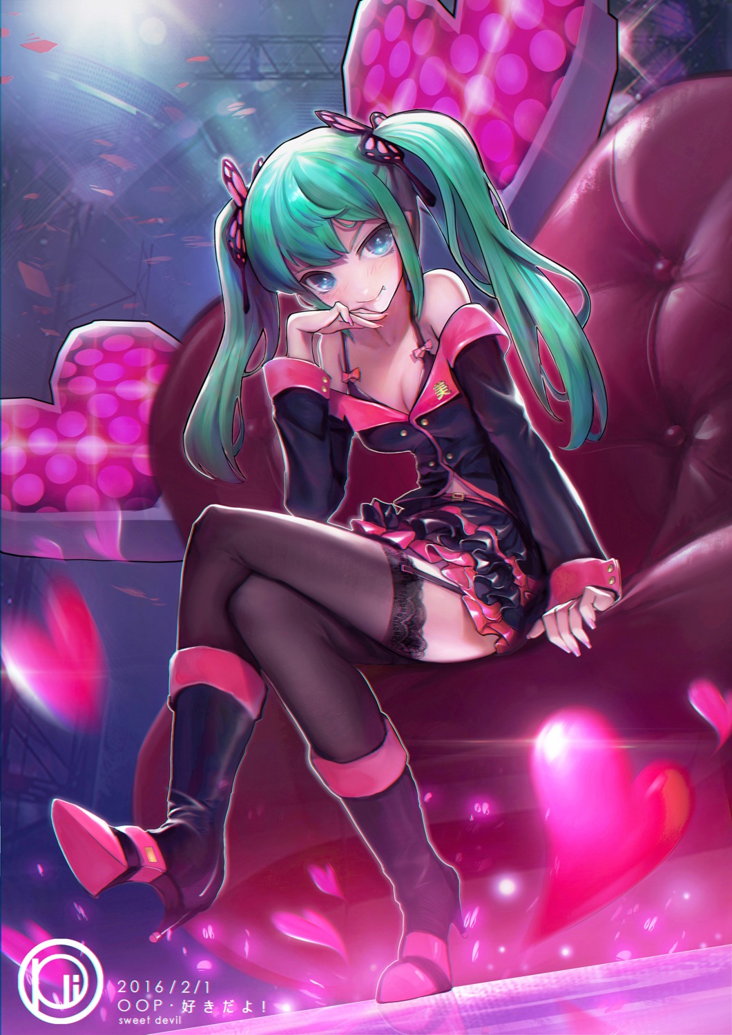 bra, cleavage, hatsune_miku, heels, official_watermark, oop, open_shirt, stockings, sweet_devil_(vocaloid), thighhighs, vocaloid