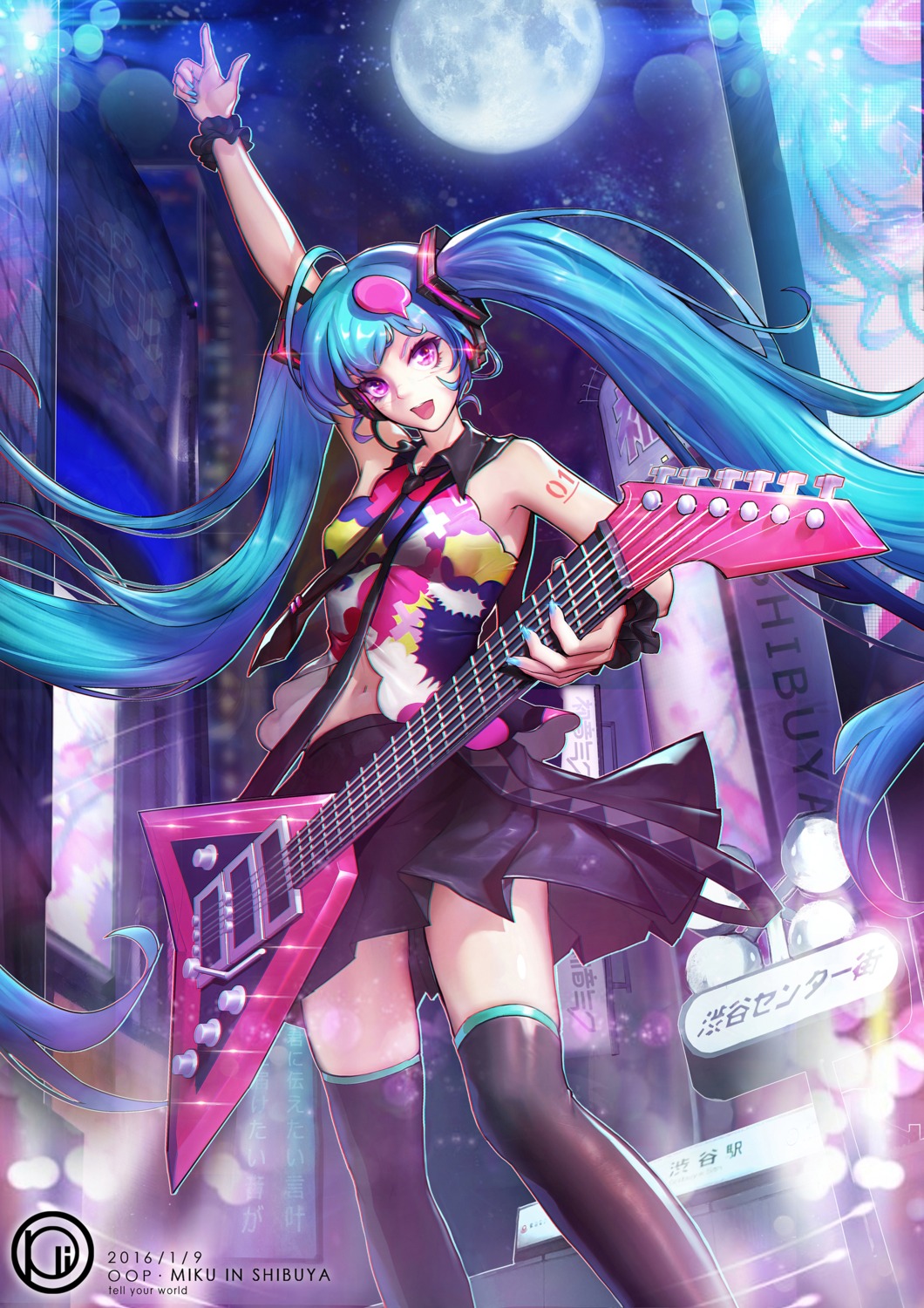 guitar, hatsune_miku, headphones, official_watermark, oop, tattoo, tell_your_world_(vocaloid), thighhighs
