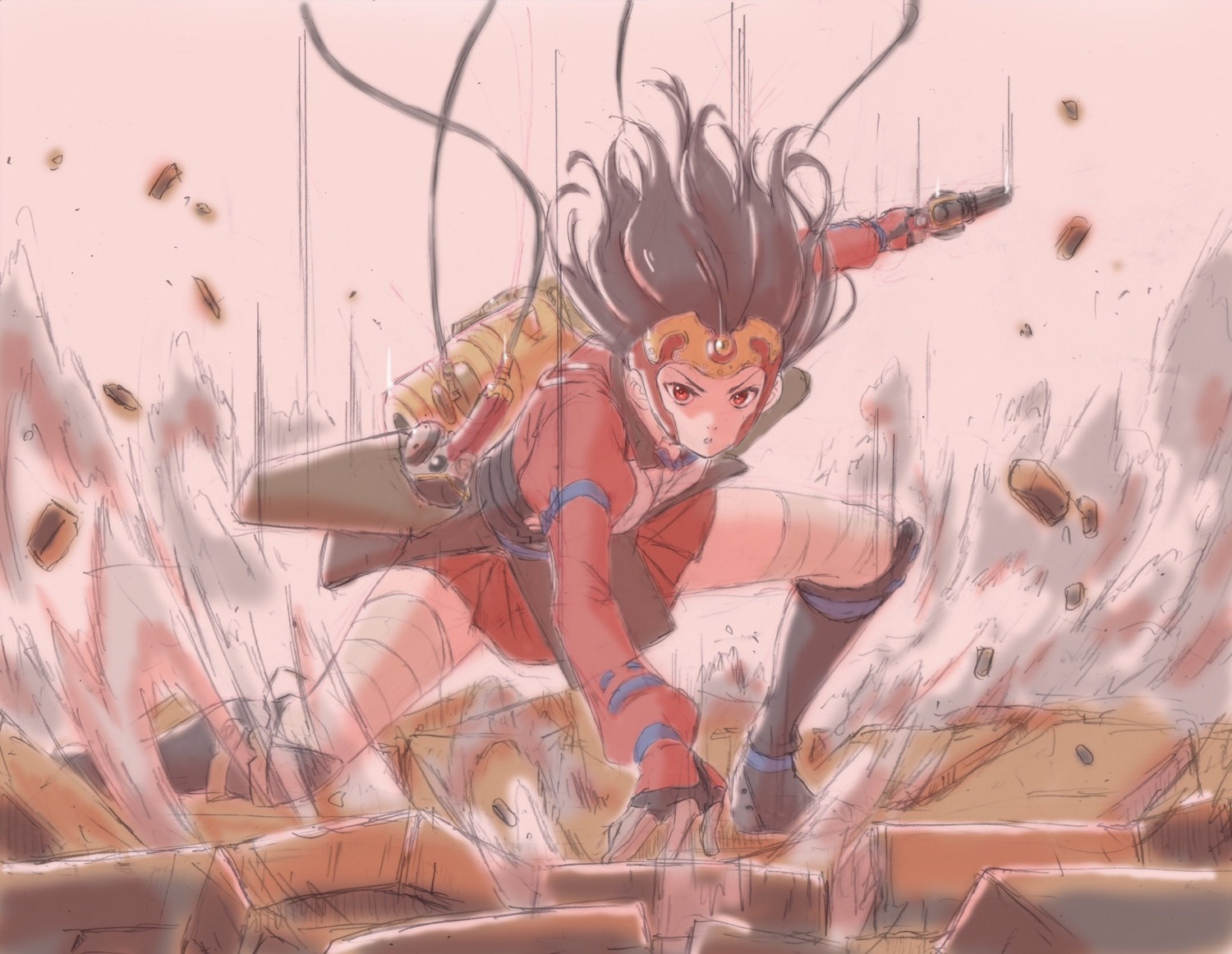 bandages, dress, gun, kadowaki_satoshi, koutetsujou_no_kabaneri, mumei, thighhighs