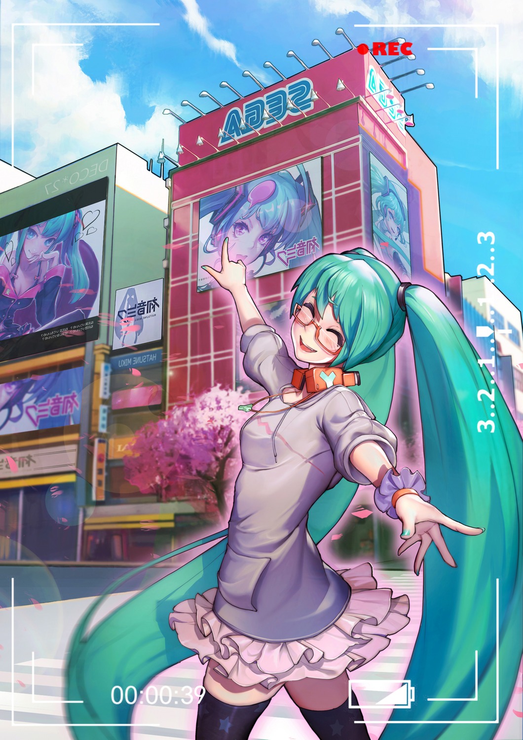 cleavage, hatsune_miku, headphones, megane, oop, thighhighs, vocaloid