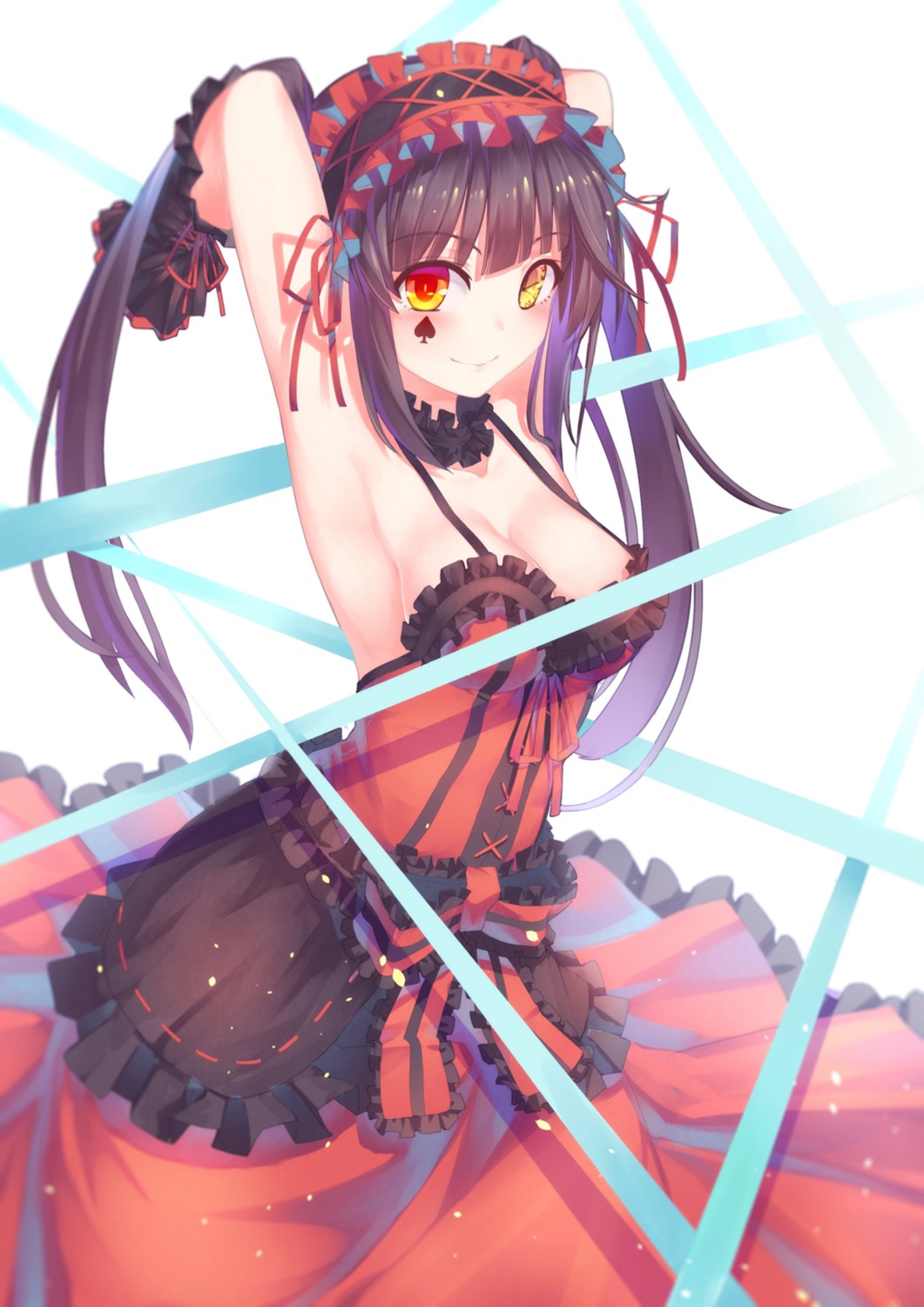 cleavage, date_a_live, dress, gothic_lolita, heterochromia, lolita_fashion, no_bra, qiongsheng, tokisaki_kurumi