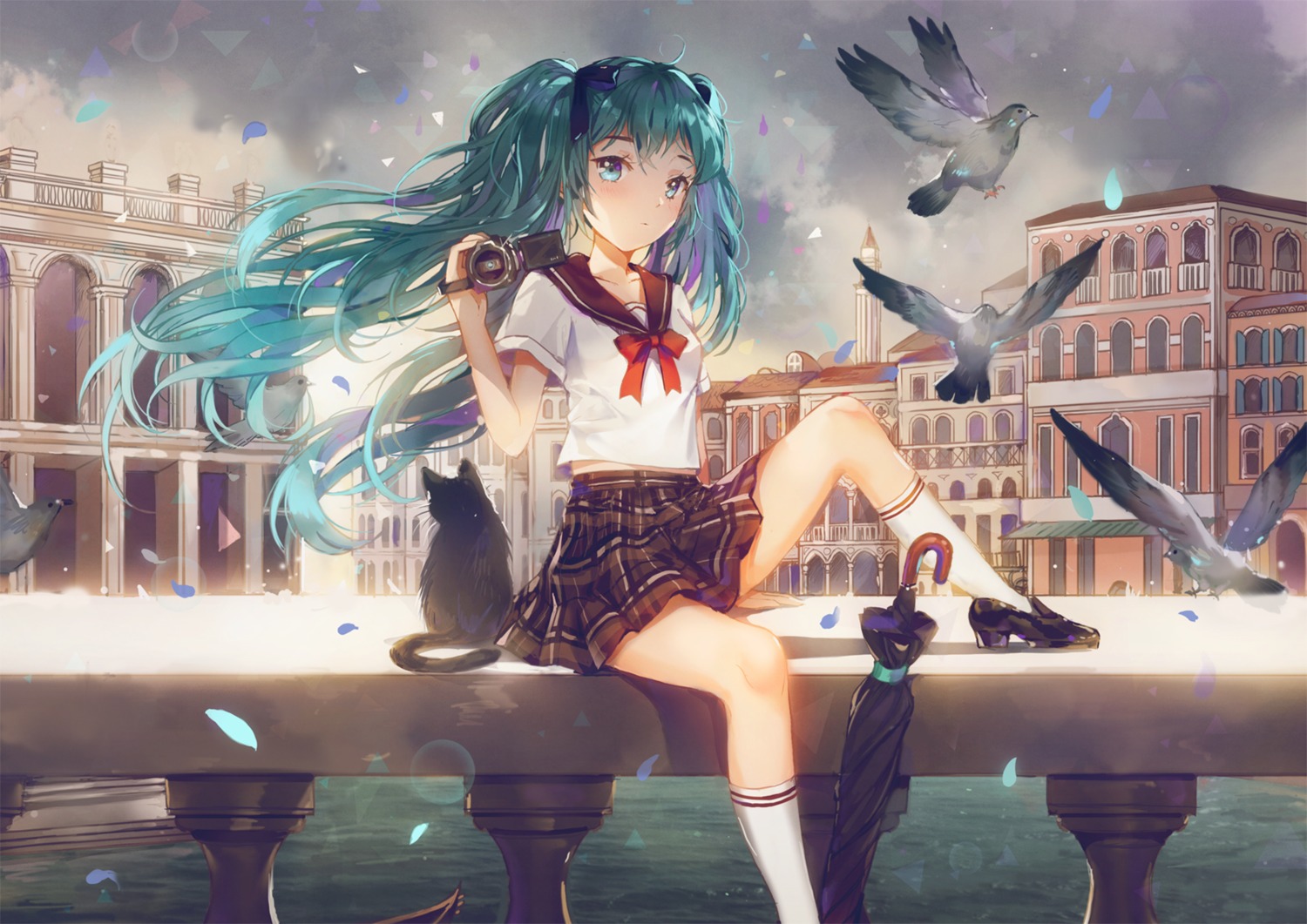 dangmill, hatsune_miku, heels, neko, seifuku, umbrella, vocaloid