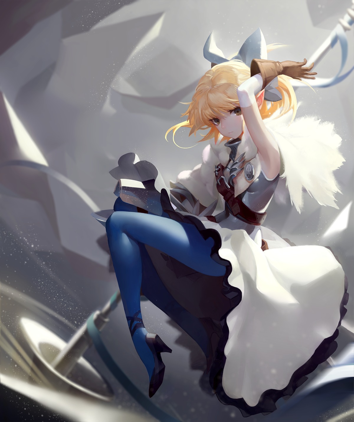 dress, heels, nin_(kotorikoto), pantyhose, pointy_ears, weapon