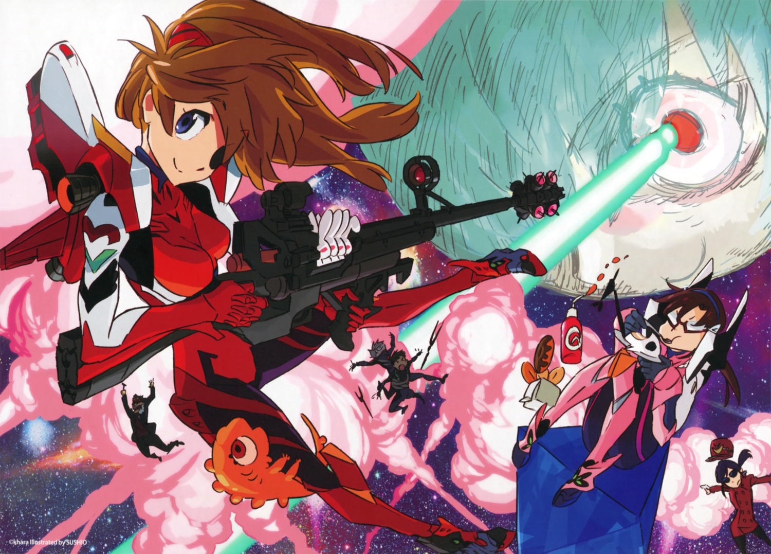ayanami_rei, bodysuit, gun, heels, ikari_gendou, ikari_shinji, katsuragi_misato, makinami_mari_illustrious