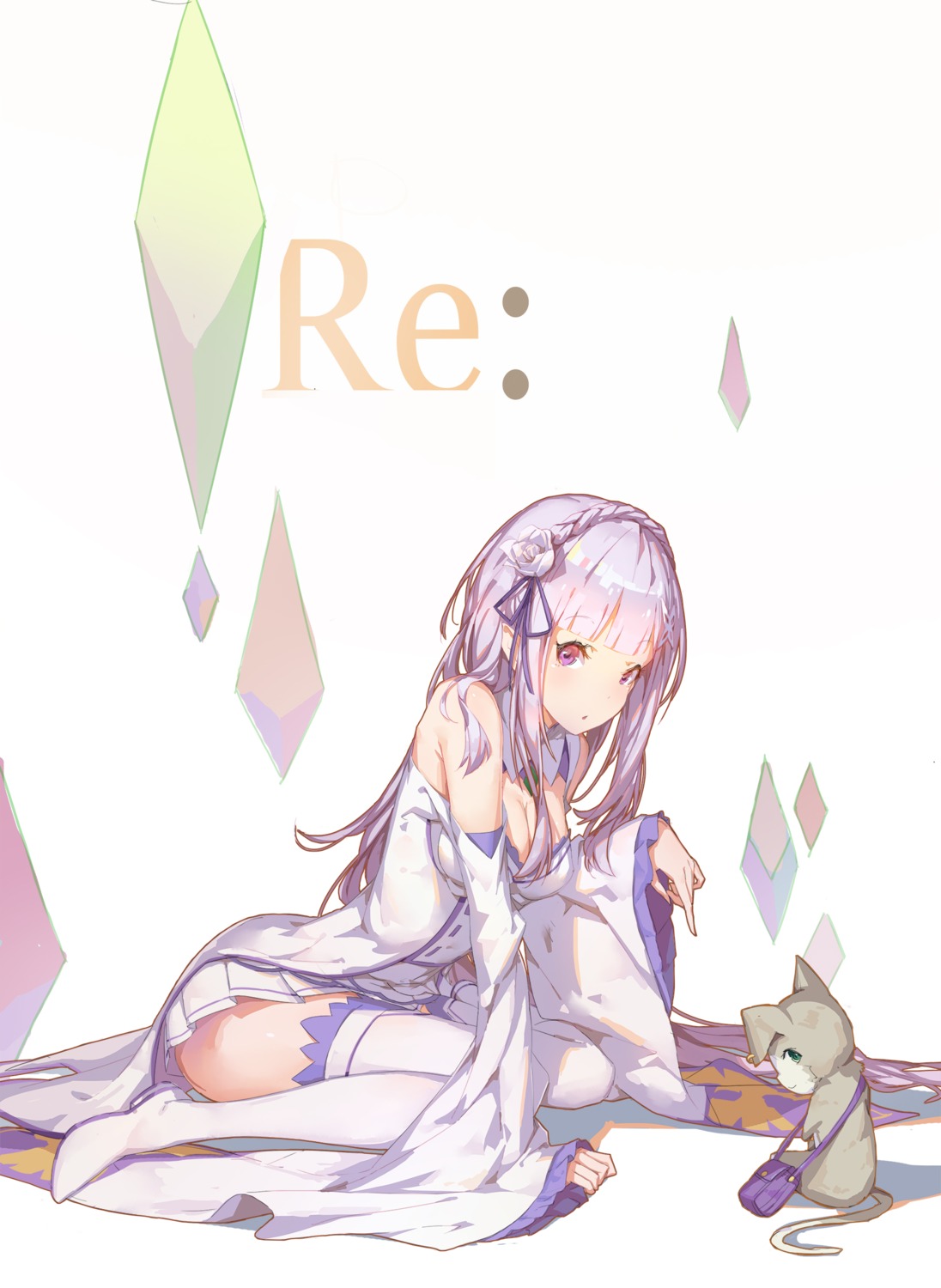 cleavage, emilia_(re_zero), pack_(re_zero), re:zero_kara_hajimeru_isekai_seikatsu, thighhighs, zetlice