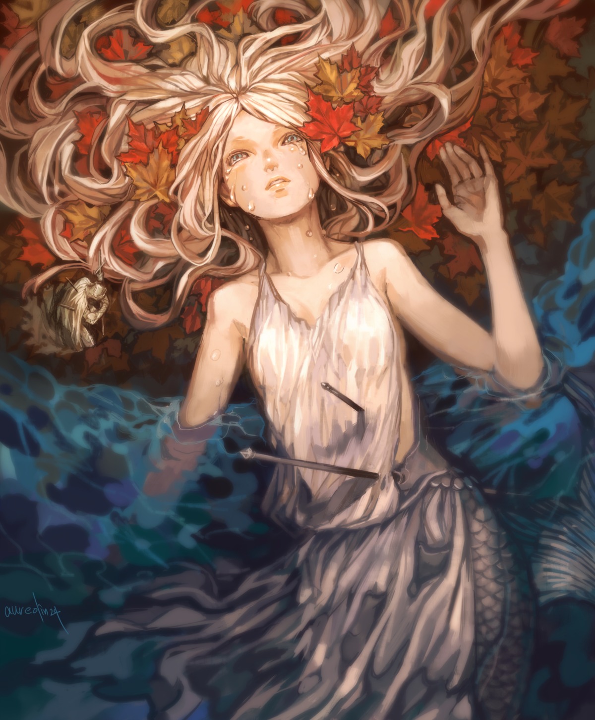 armor, aureolin31, dress, mermaid, monster_girl, no_bra, weapon, wet