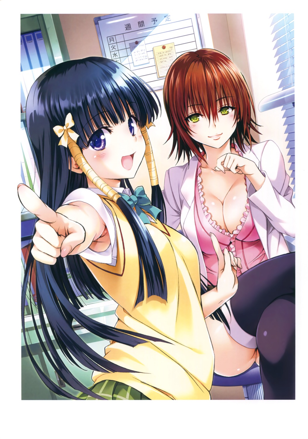 cleavage, mikado_ryouko, murasame_oshizu, open_shirt, seifuku, thighhighs, to_love_ru, to_love_ru_darkness, yabuki_kentarou