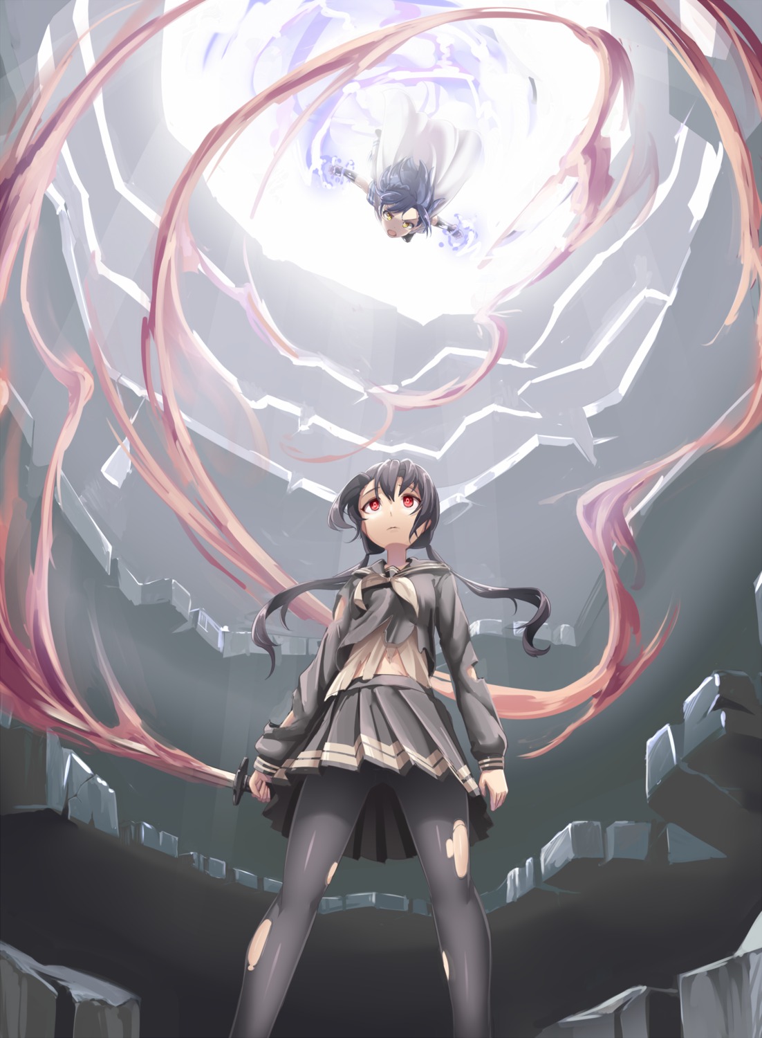 blood, nanao_yuriko, pantyhose, seifuku, sword, takayama_sayoko, the_idolm@ster, the_idolm@ster_million_live!