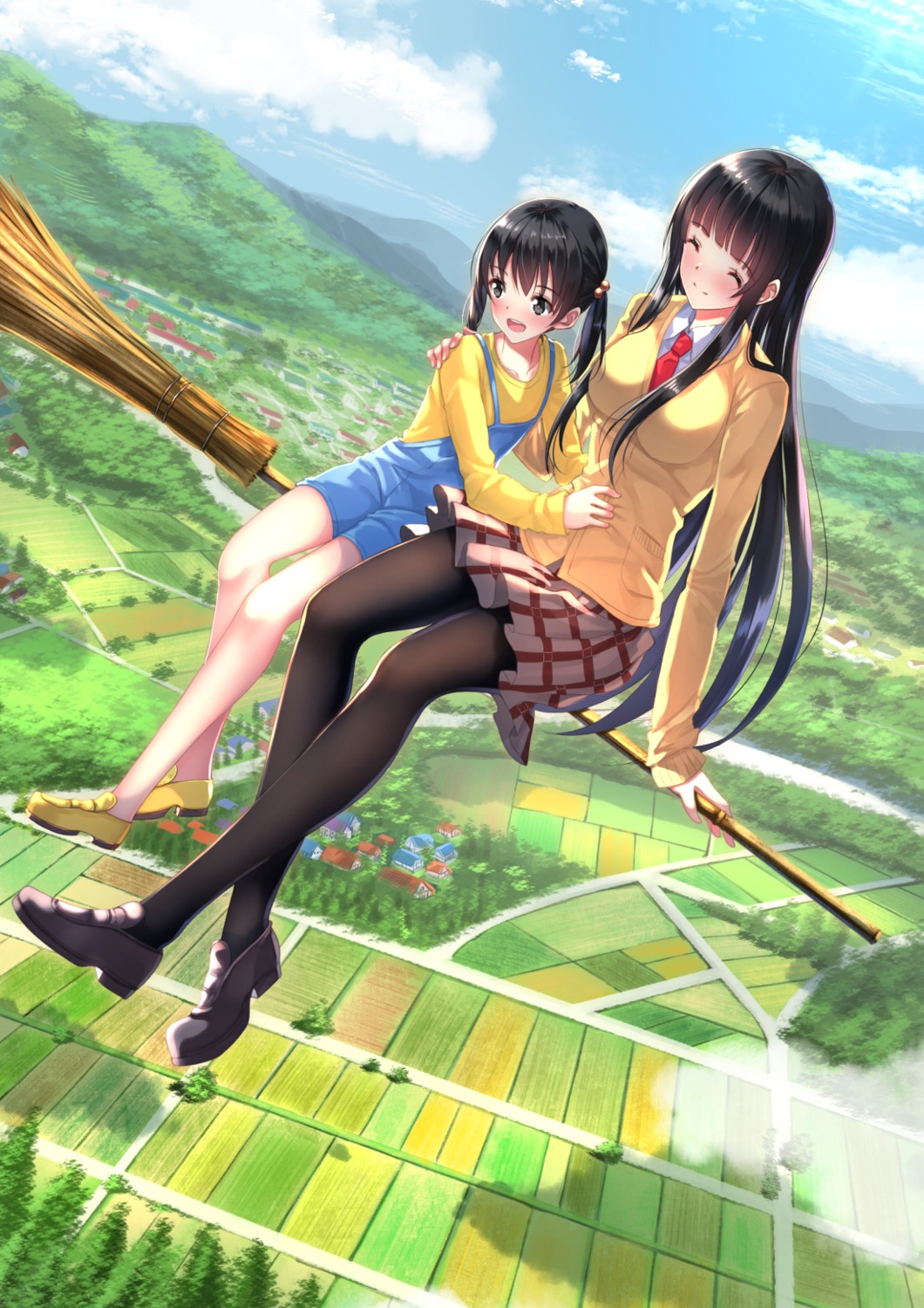 flying_witch, heels, kowata_makoto, kuramoto_chinatsu, overalls, pantyhose, seifuku, sweater