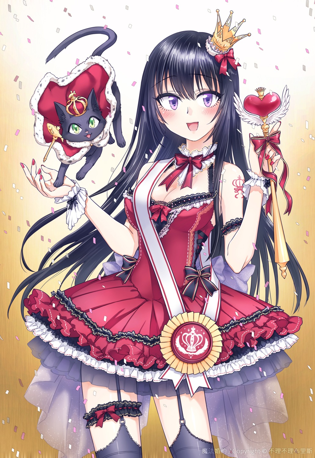 bliss, cleavage, dress, garter, neko, see_through, stockings, tattoo, thighhighs, weapon