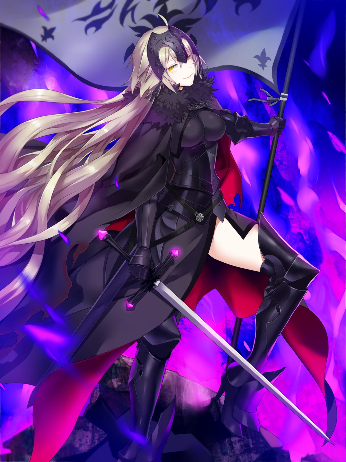armor, fate/grand_order, heels, jeanne_d'arc, jeanne_d'arc_alter_(fate), popompon, sword, thighhighs