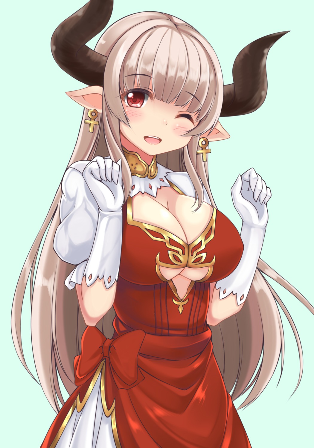 alicia_(granblue_fantasy), cleavage, dress, granblue_fantasy, horns, pointy_ears, sogaya, underboob