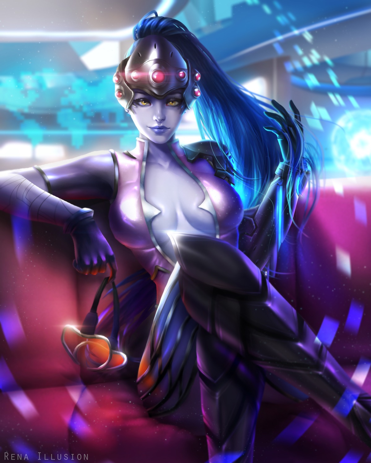 bodysuit, cleavage, gun, no_bra, overwatch, rena_illusion, widowmaker