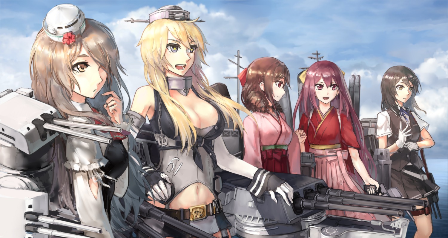 cleavage, harukaze_(kancolle), iowa_(kancolle), japanese_clothes, kamikaze_(kancolle), kantai_collection, no_bra, open_shirt