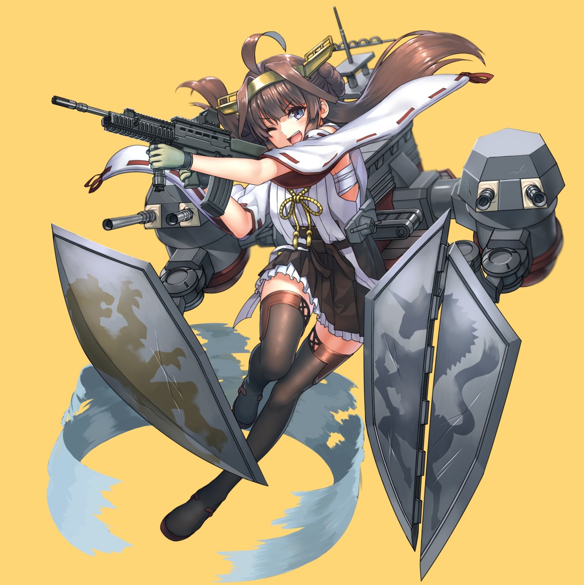 gun, harumaki-0327, kantai_collection, kongou_(kancolle), sarashi, thighhighs