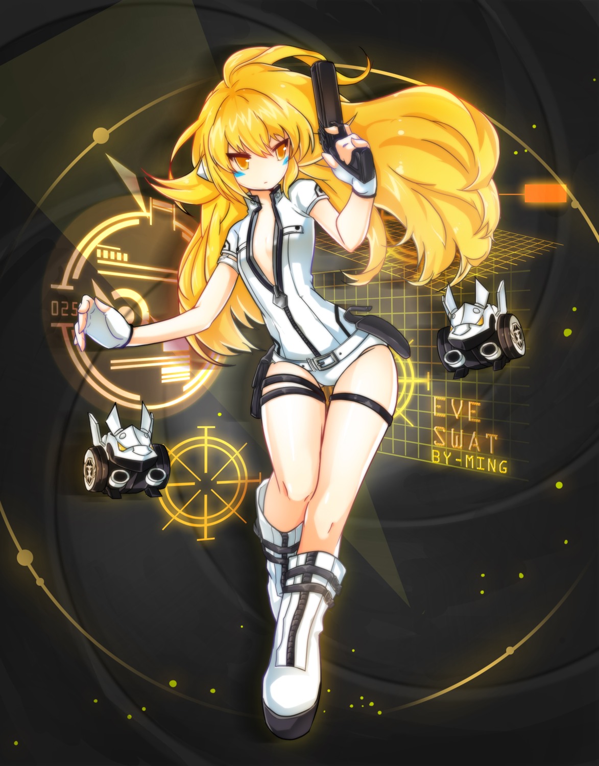 bodysuit, cleavage, elsword, eve_(elsword), gun, ming_(wldi0132), no_bra, open_shirt