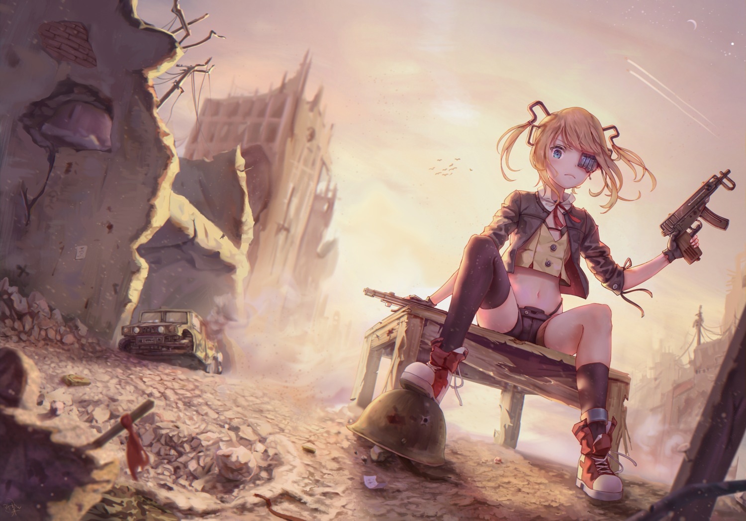 autographed, bra, eyepatch, girls_frontline, gun, jay_xu, pantsu, skorpion_(girls_frontline), thighhighs