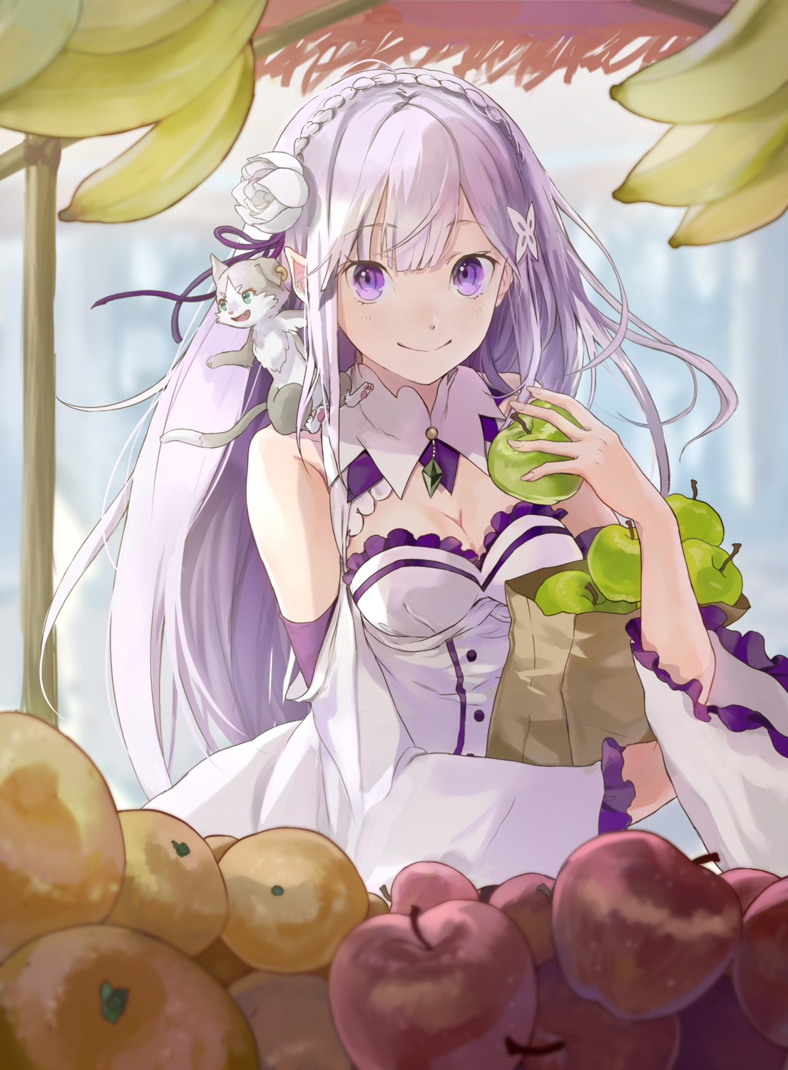 cleavage, dress, elf, emilia_(re_zero), neko, pack_(re_zero), pointy_ears, re:zero_kara_hajimeru_isekai_seikatsu, tamu_(tamurarucaffe1226)
