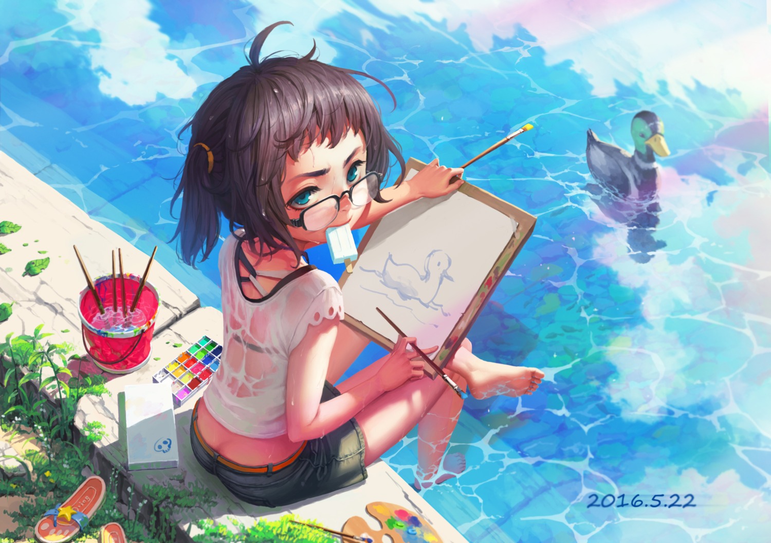 ass, bra, luode_huayuan, megane, see_through, wet, wet_clothes