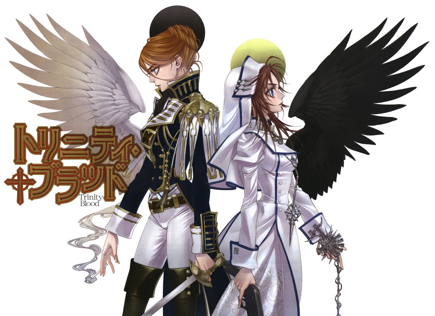 esther_blanchett, gun, kyuujou_kiyo, mary_spencer, nun, sword, trinity_blood, uniform, wings
