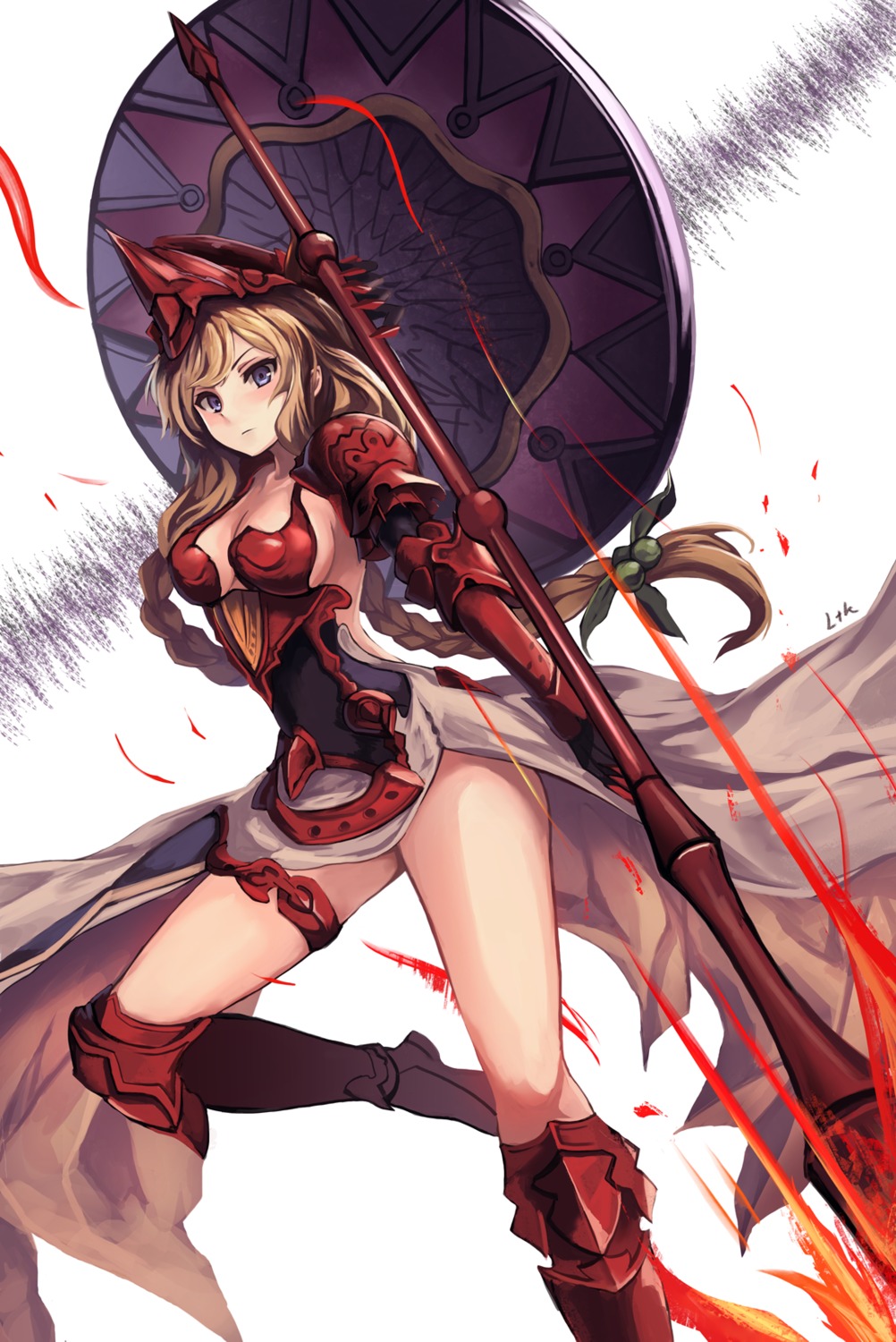 armor, athena_(granblue_fantasy), cleavage, eruthika, granblue_fantasy, no_bra, weapon