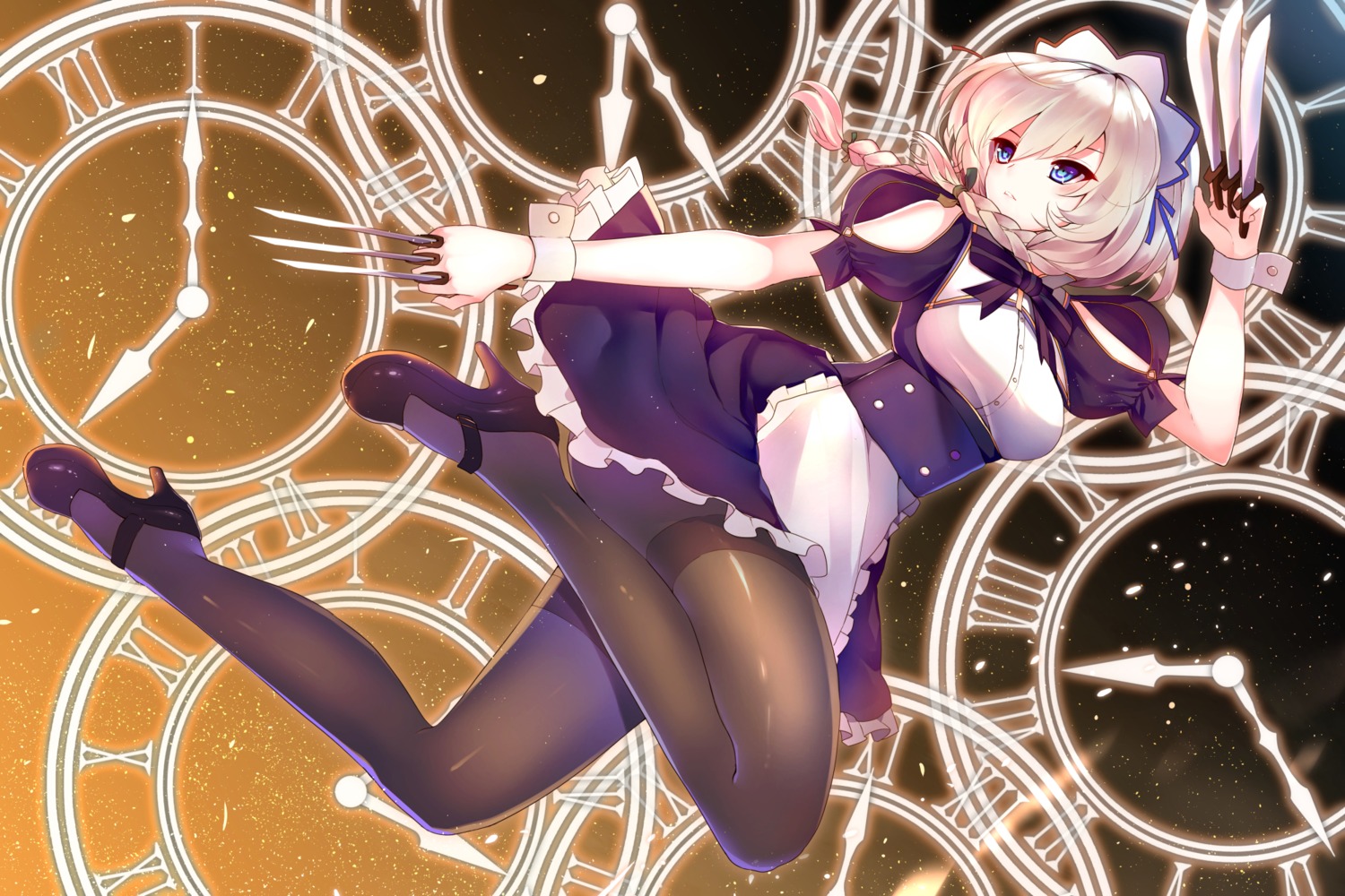 heels, izayoi_sakuya, jun_project, maid, pantyhose, touhou, weapon