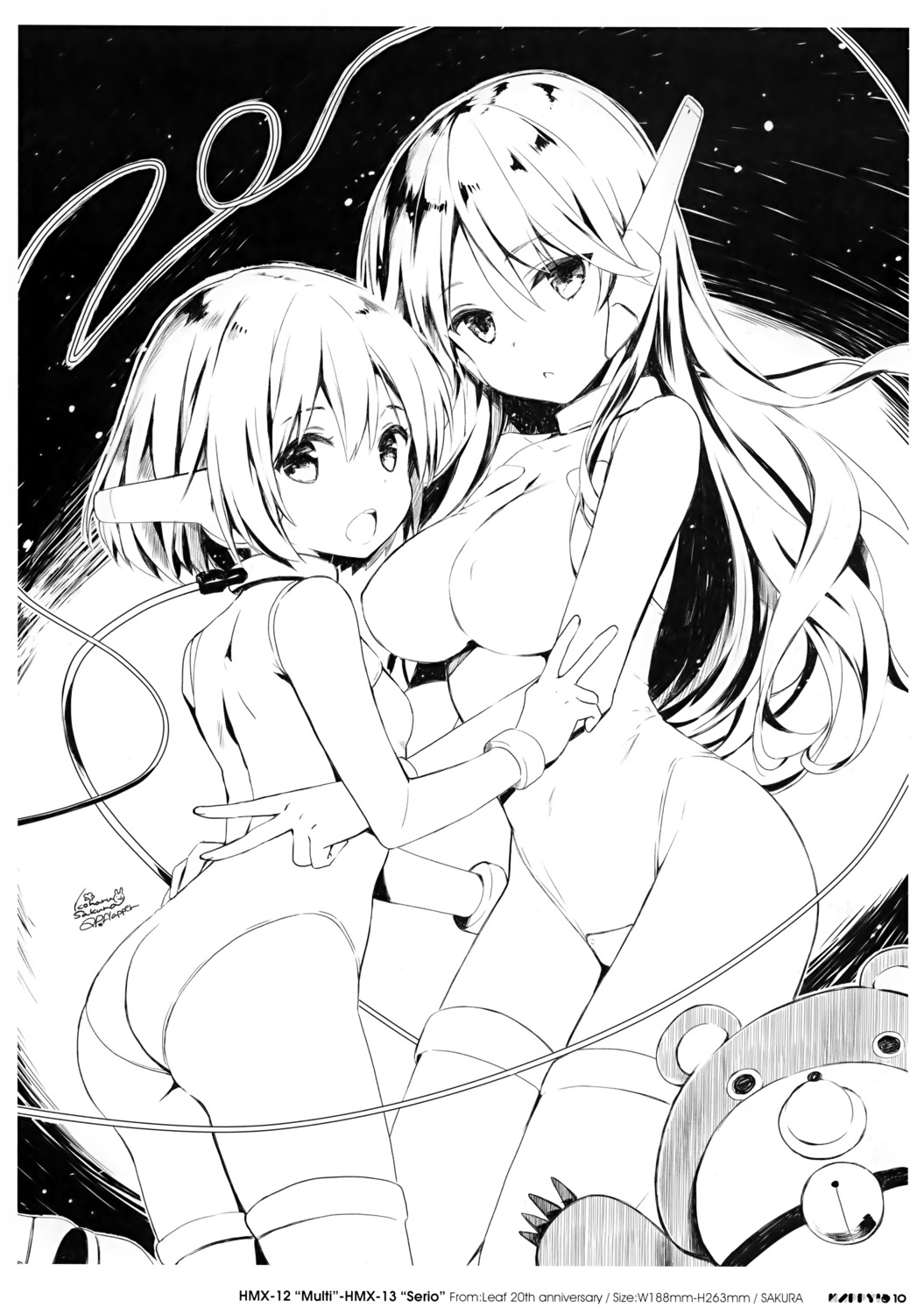 ass, erect_nipples, leotard, mecha_musume, monochrome, multi, nopan, qp:flapper, sakura_koharu, serio, thighhighs, to_heart, to_heart_(series)