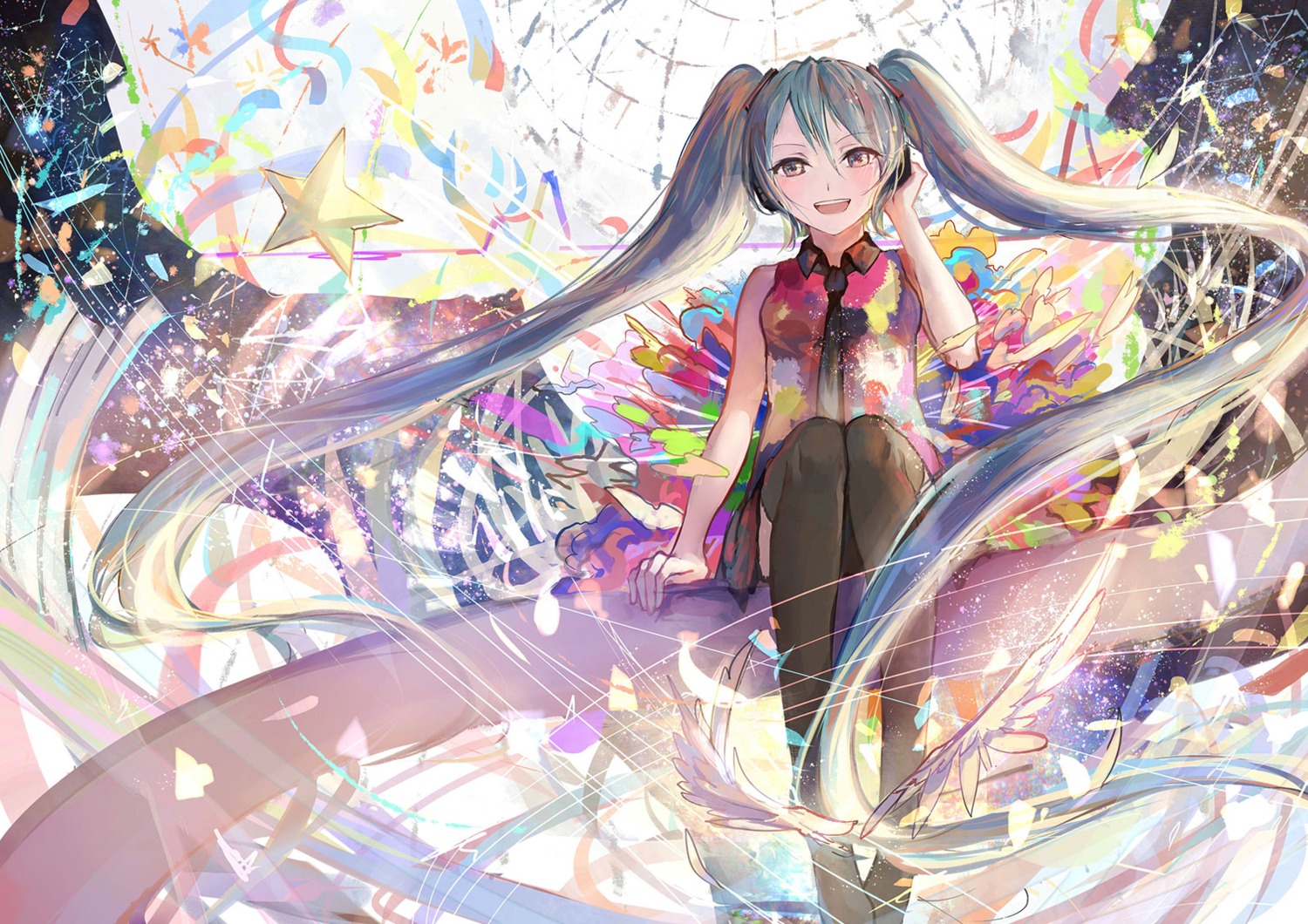 hatsune_miku, headphones, jpeg_artifacts, sishenfan, tell_your_world_(vocaloid), thighhighs, vocaloid