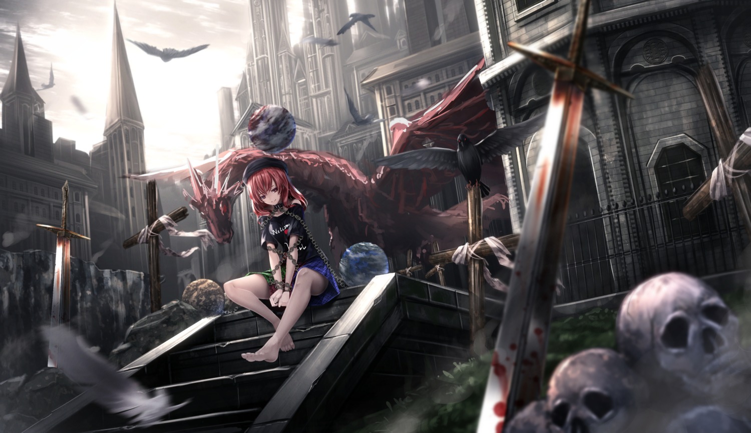 blood, bondage, dark_souls, hecatia_lapislazuli, monster, ryosios, sword, touhou