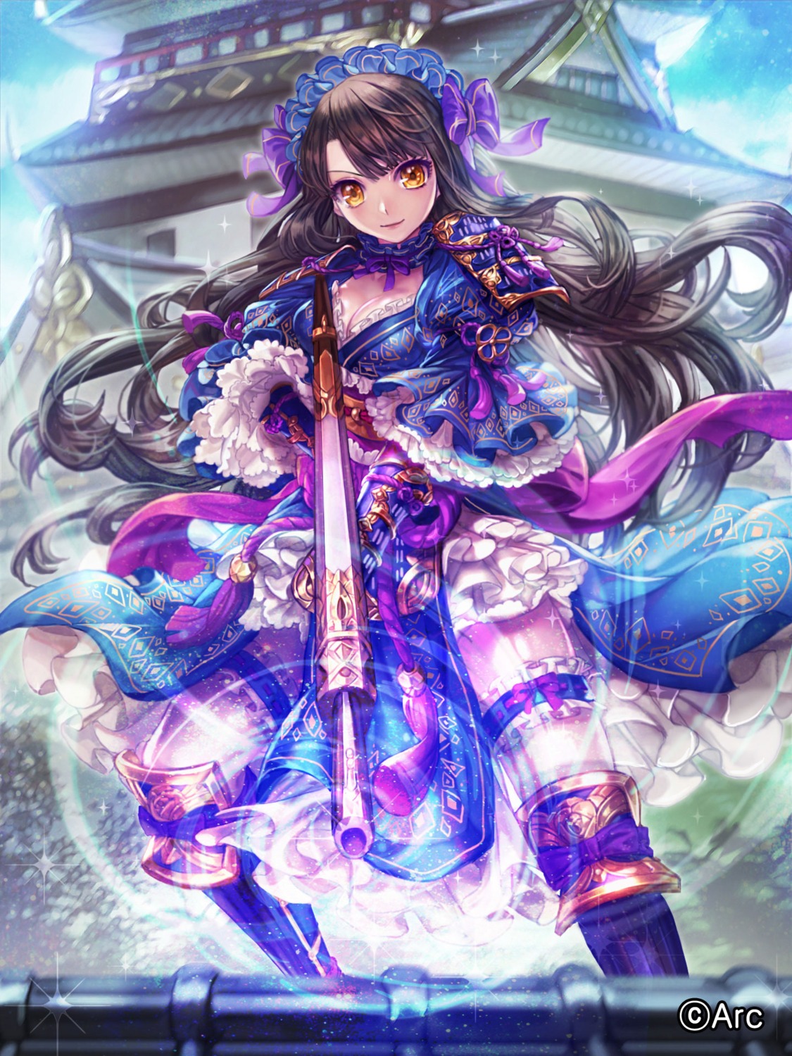 armor, box_(hotpppink), cleavage, garter, gun, japanese_clothes, thighhighs