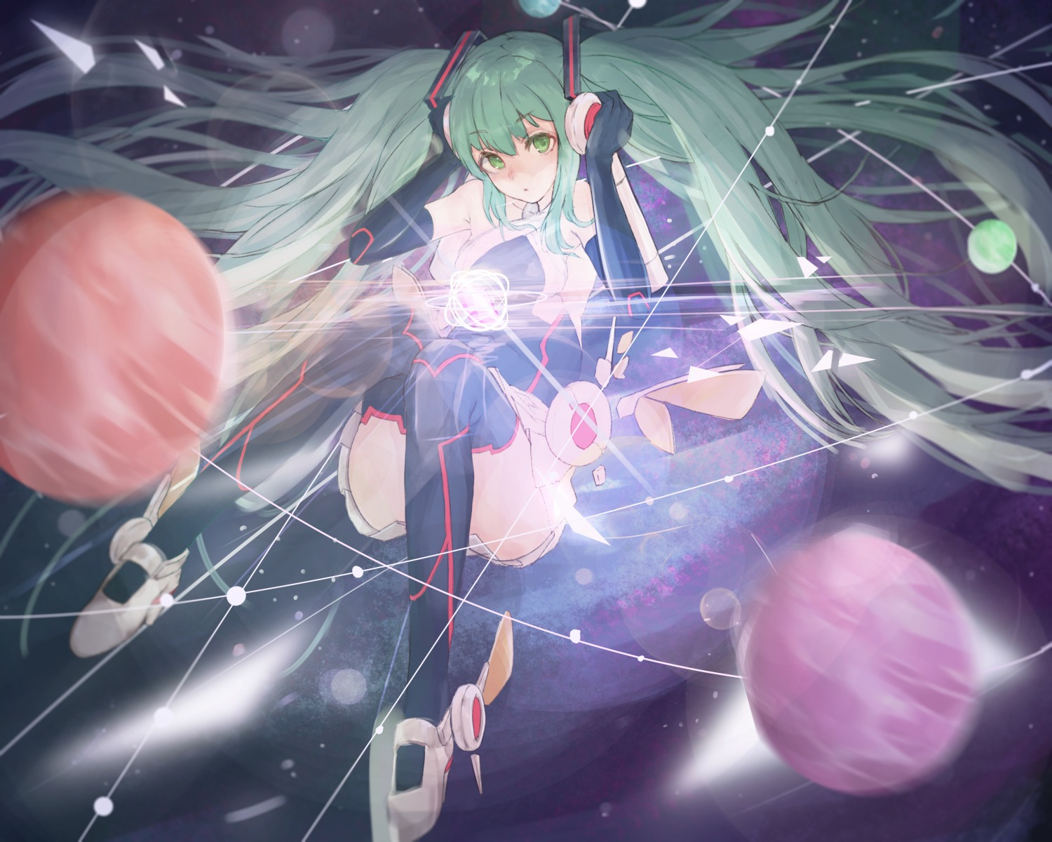 hatsune_miku, headphones, heels, kikkaiki, thighhighs, vocaloid