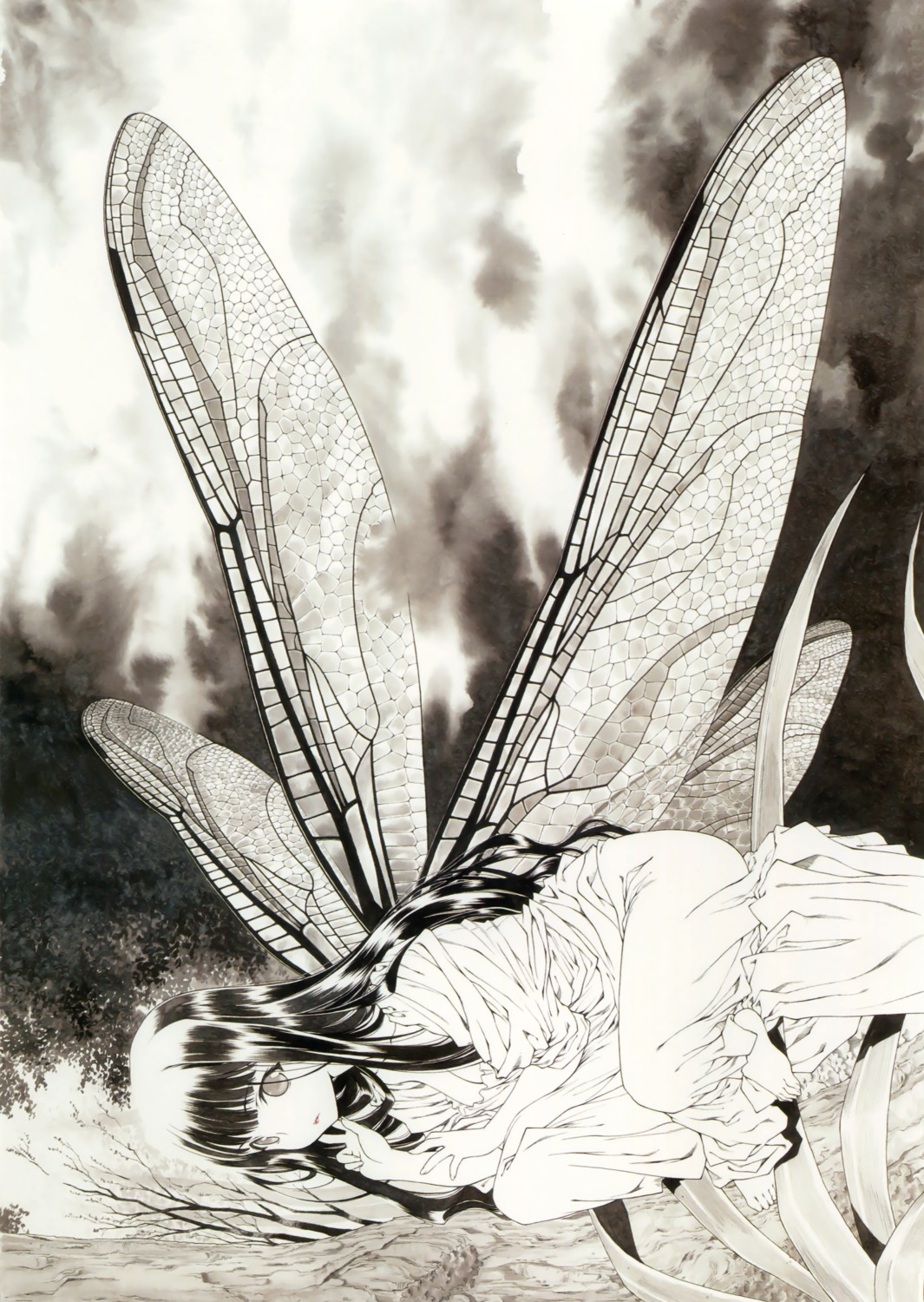 cleavage, feet, monochrome, no_bra, utatane_hiroyuki, wings